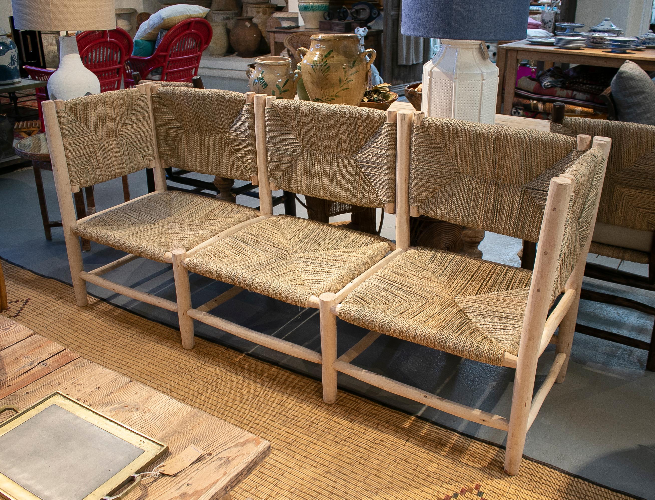 Modern Spanish rustic 3-seater hand woven hemp rope wooden sofa.