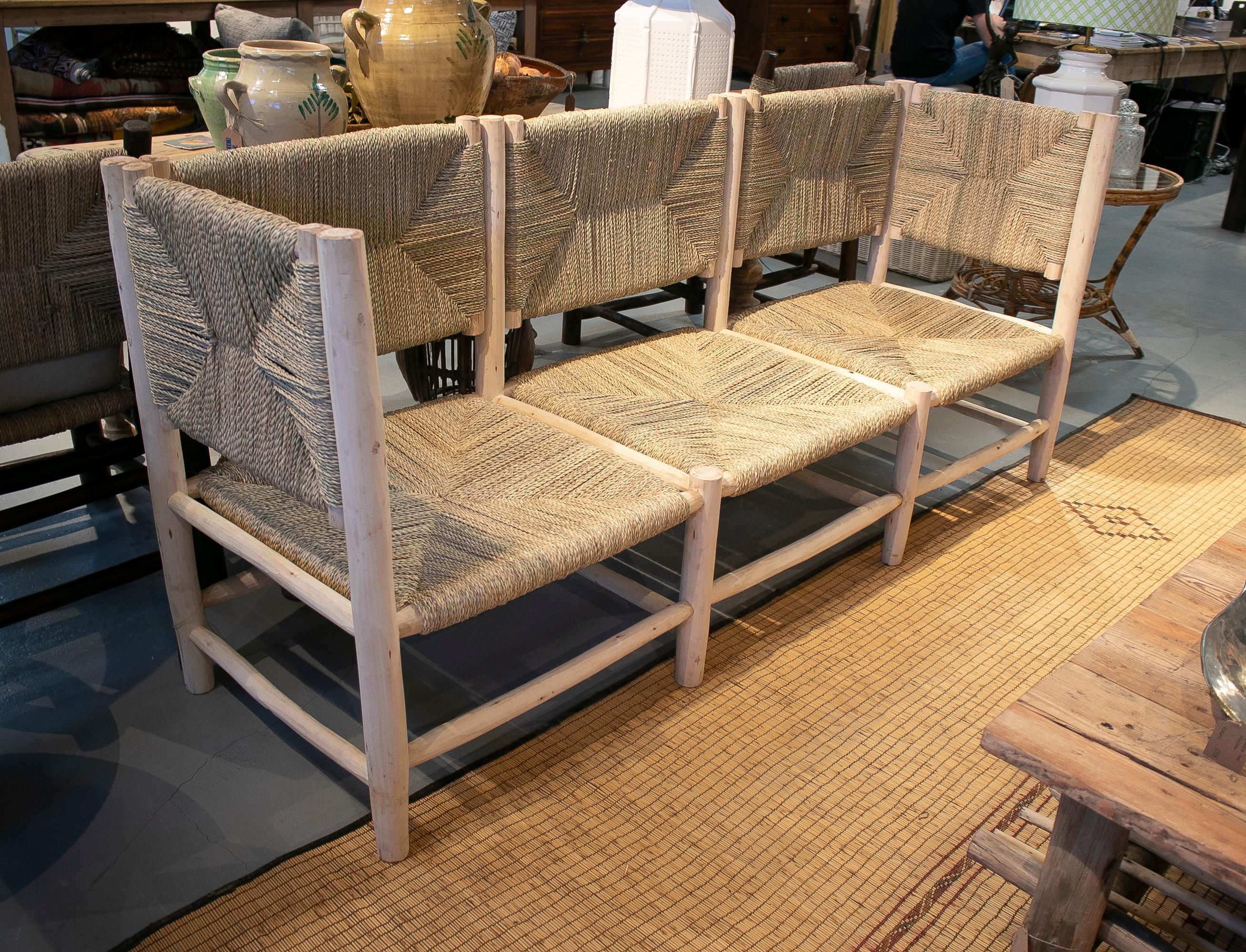 Contemporary Modern Spanish Rustic 3-Seater Hand Woven Hemp Rope Wooden Sofa