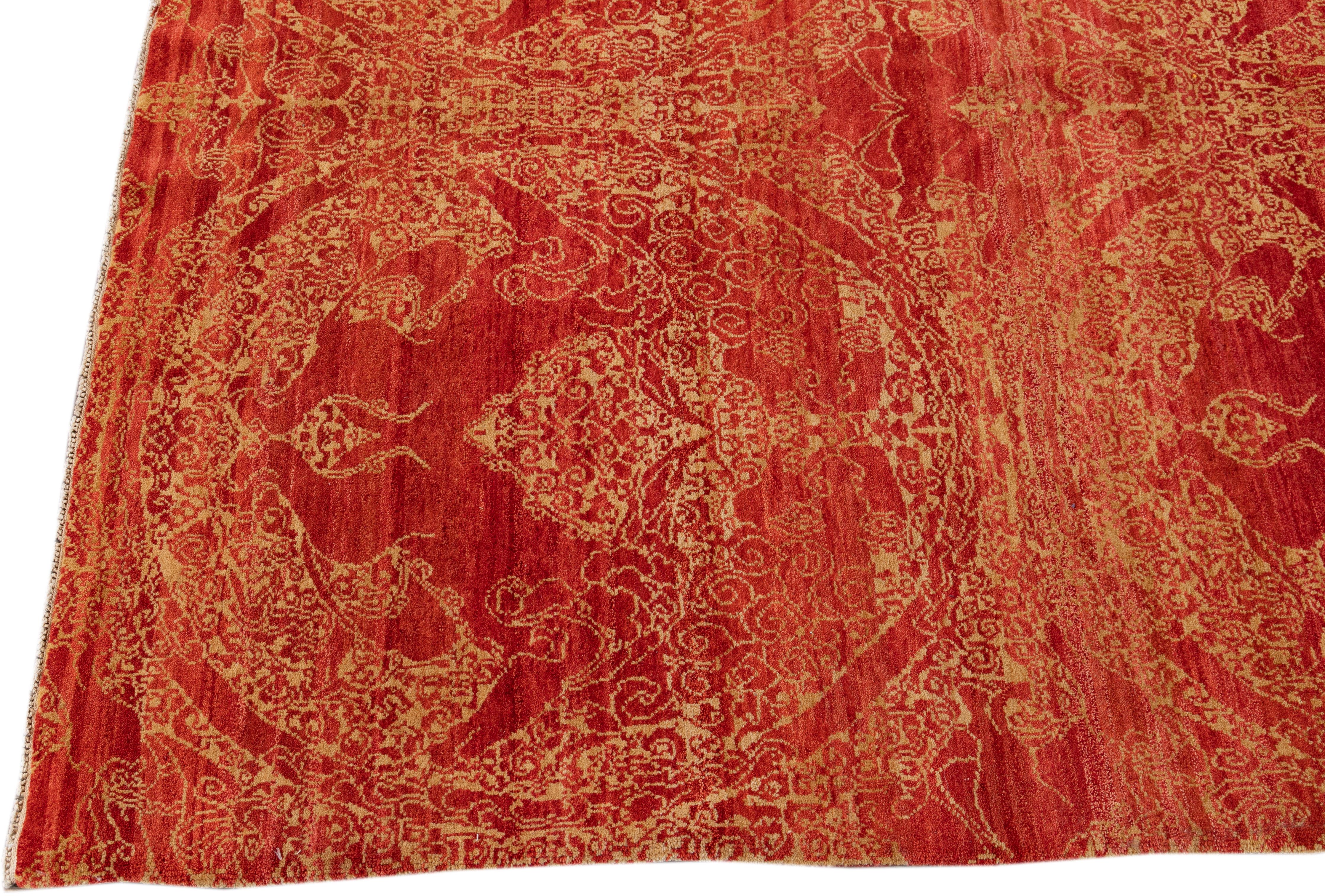 Hand-Woven Modern Spanish Sino Wool Rug Handmade In Red and Beige With Allover Motif For Sale