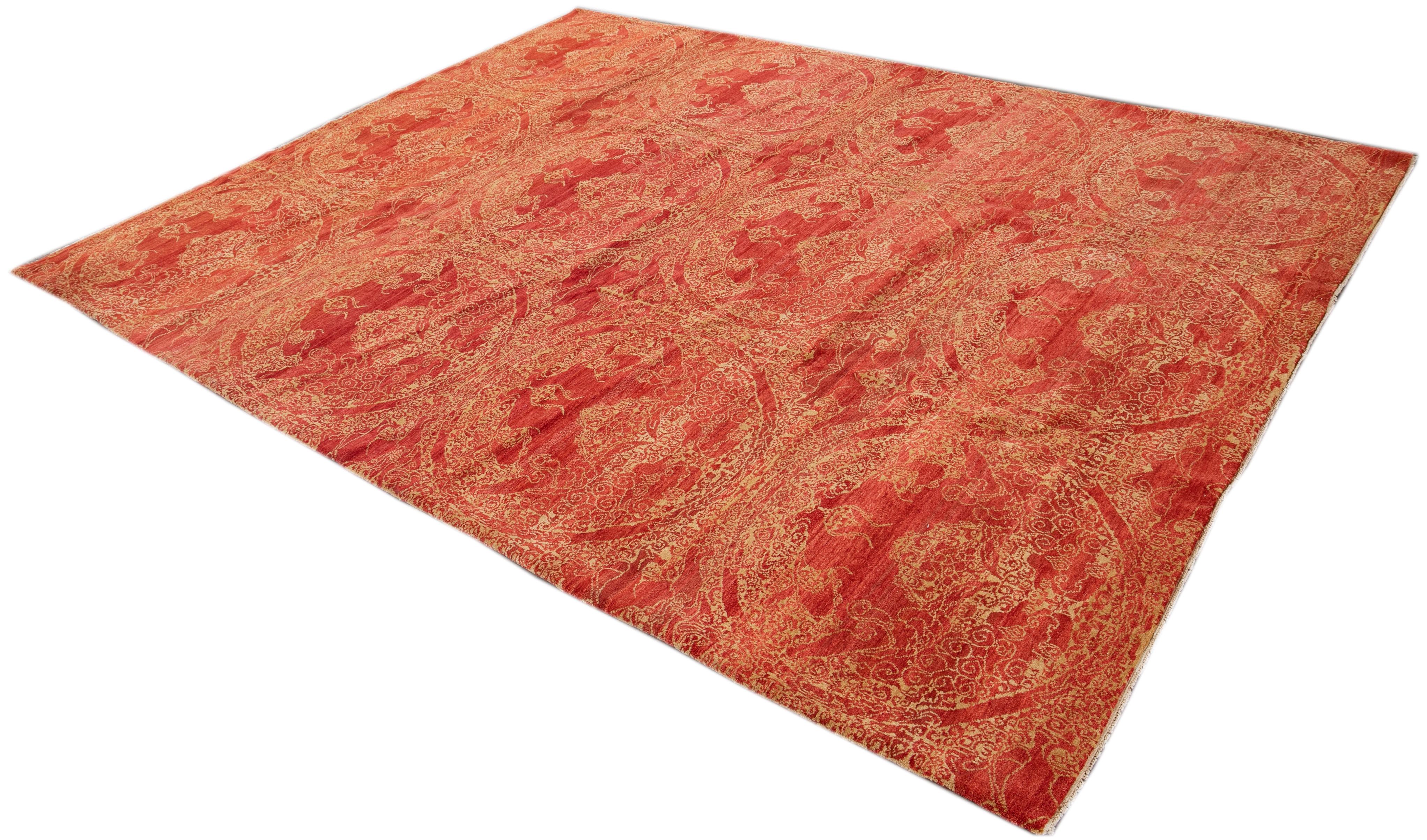 Modern Spanish Sino Wool Rug Handmade In Red and Beige With Allover Motif In New Condition For Sale In Norwalk, CT