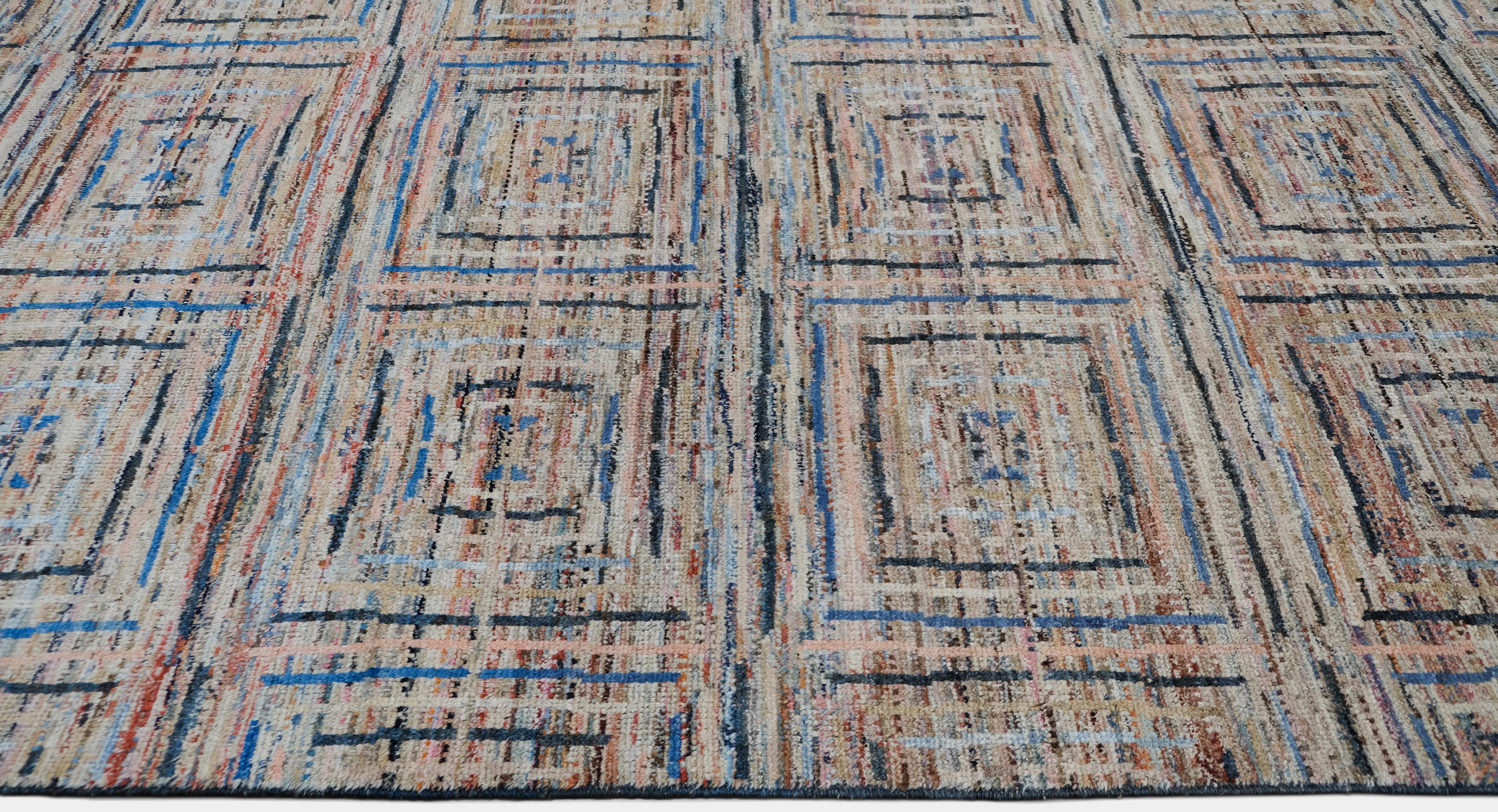 Modern Spanish Textural Square Motifs Wool Multi Color Wool Rug 9'3''x11'7'' (Moderne) im Angebot