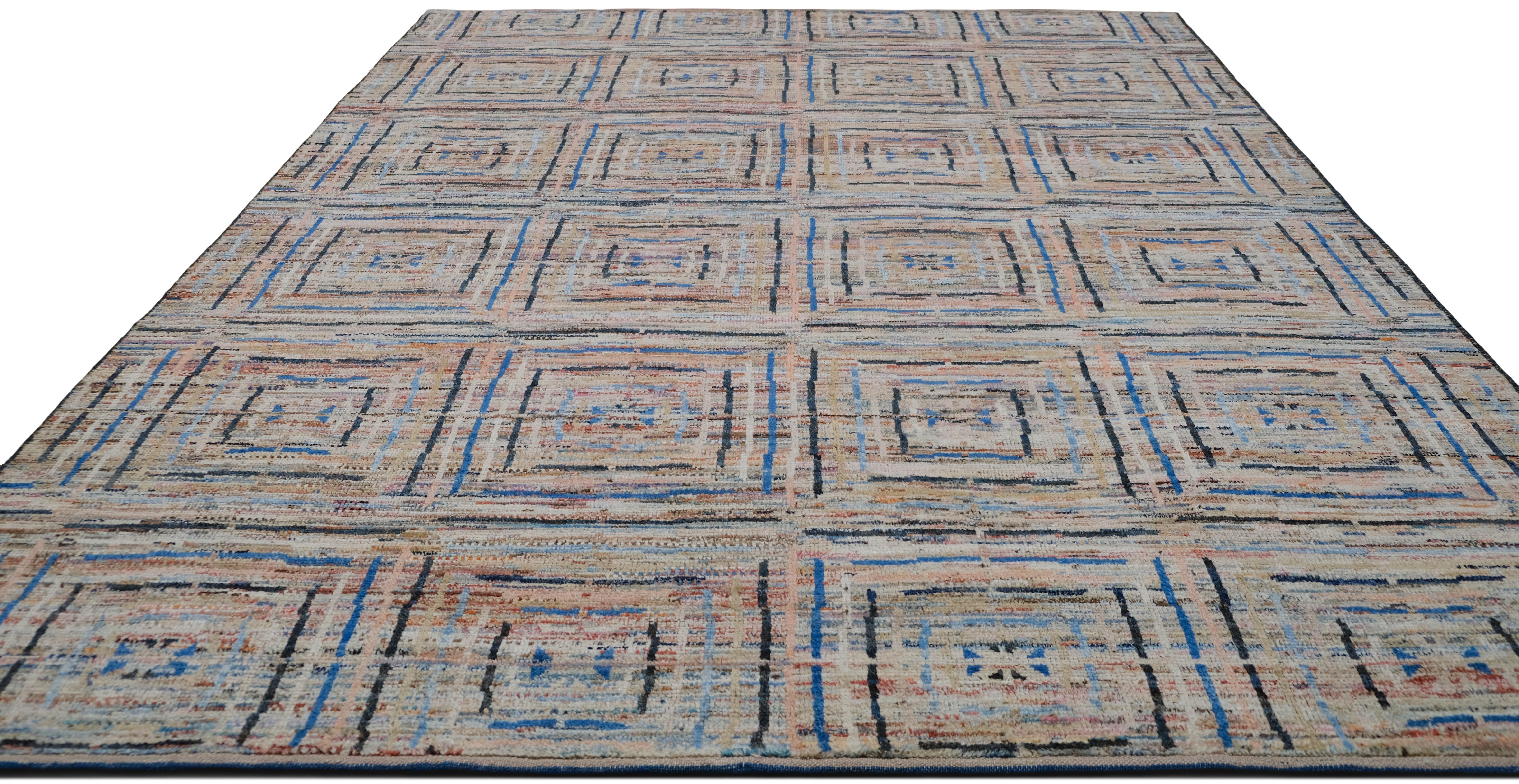 Modern Spanish Textural Square Motifs Wool Multi Color Wool Rug 9'3''x11'7'' (Afghanisch) im Angebot