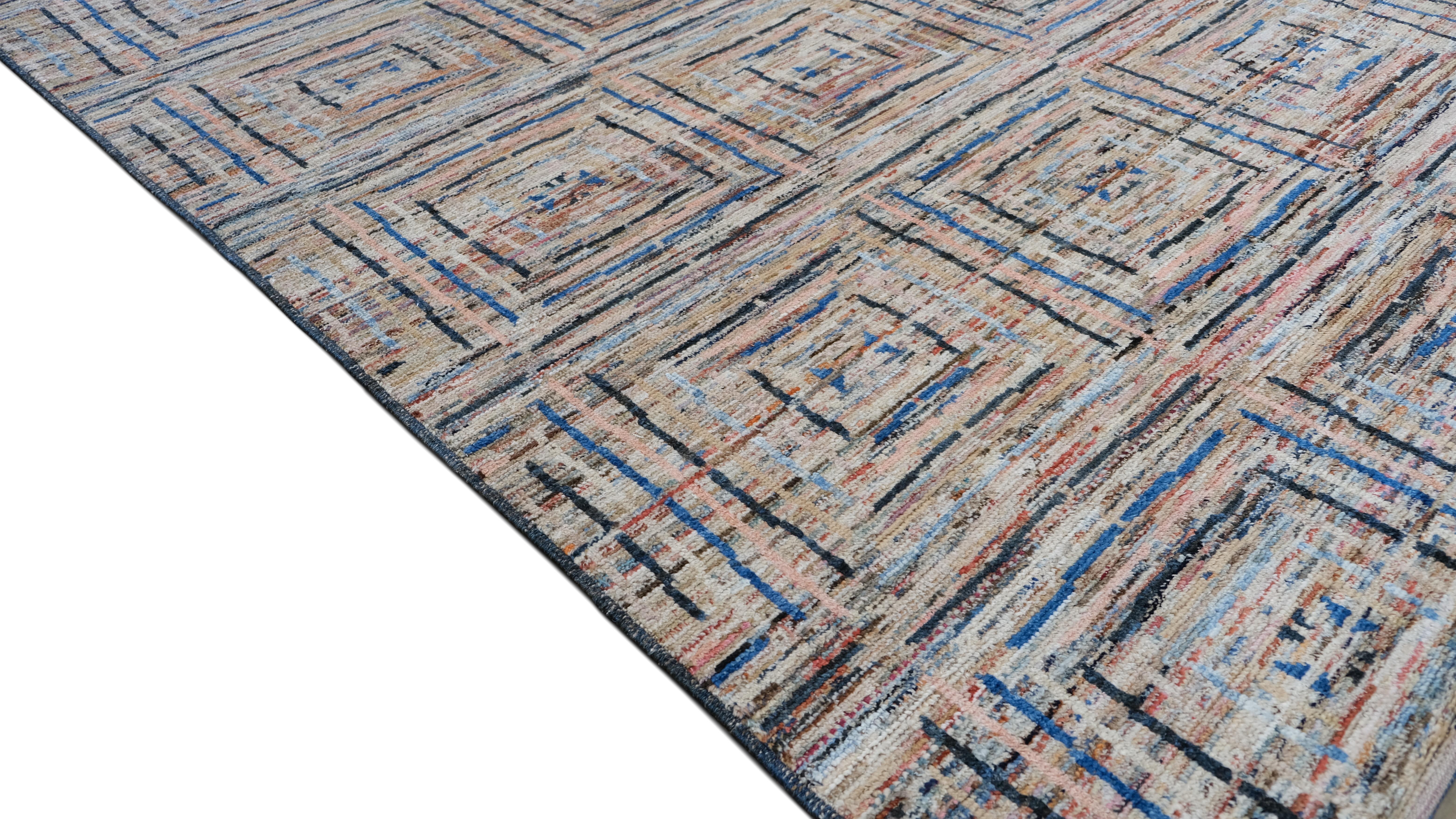 Modern Spanish Textural Square Motifs Wool Multi Color Wool Rug 9'3''x11'7'' (Handgeknüpft) im Angebot