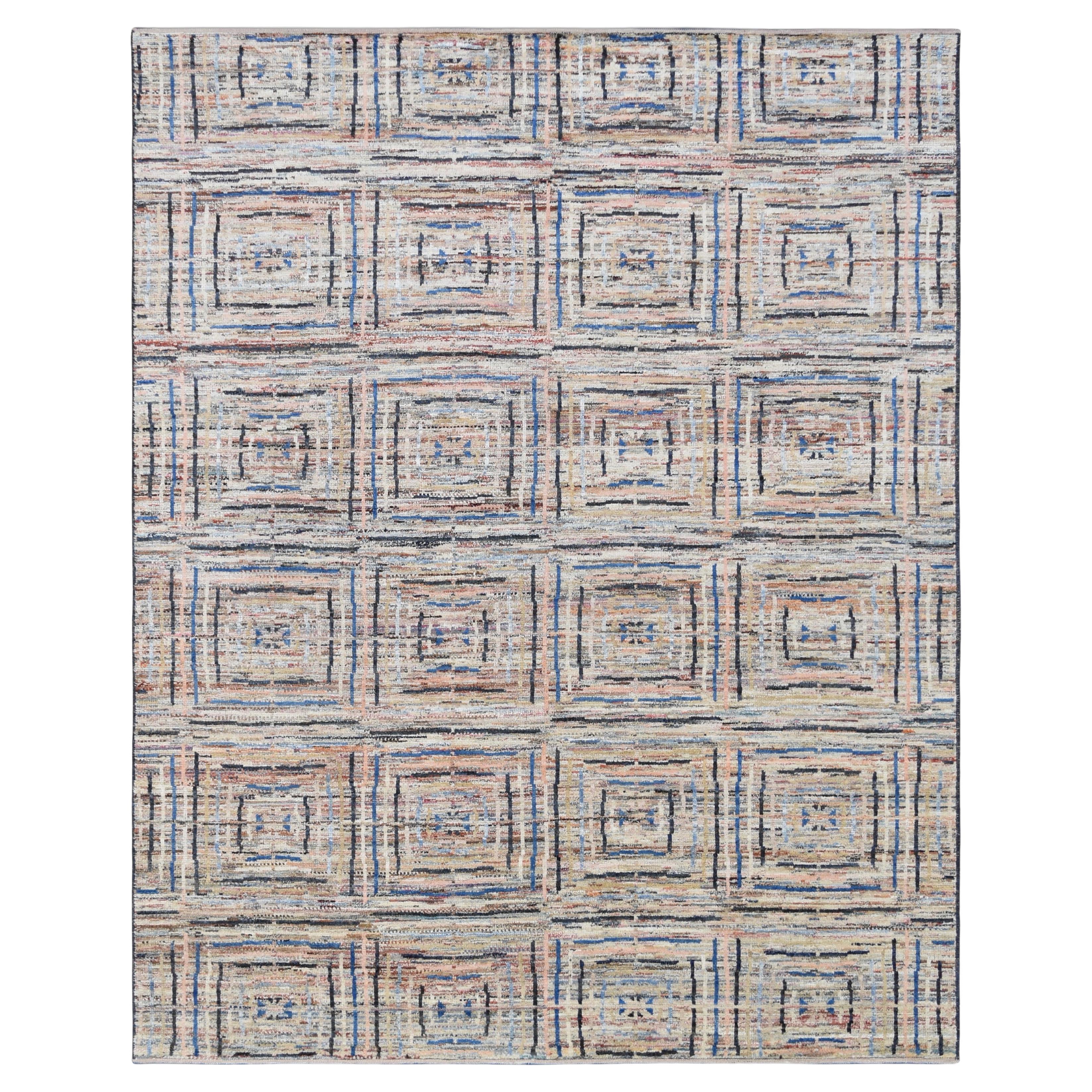 Modern Spanish Textural Square Motifs Wool Multi Color Wool Rug 9'3''x11'7''
