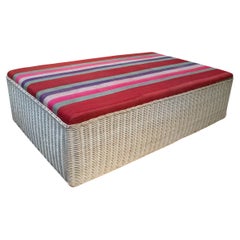Modern Spanish Woven Wicker Coffee Table w/ Fabric Upholstered Top