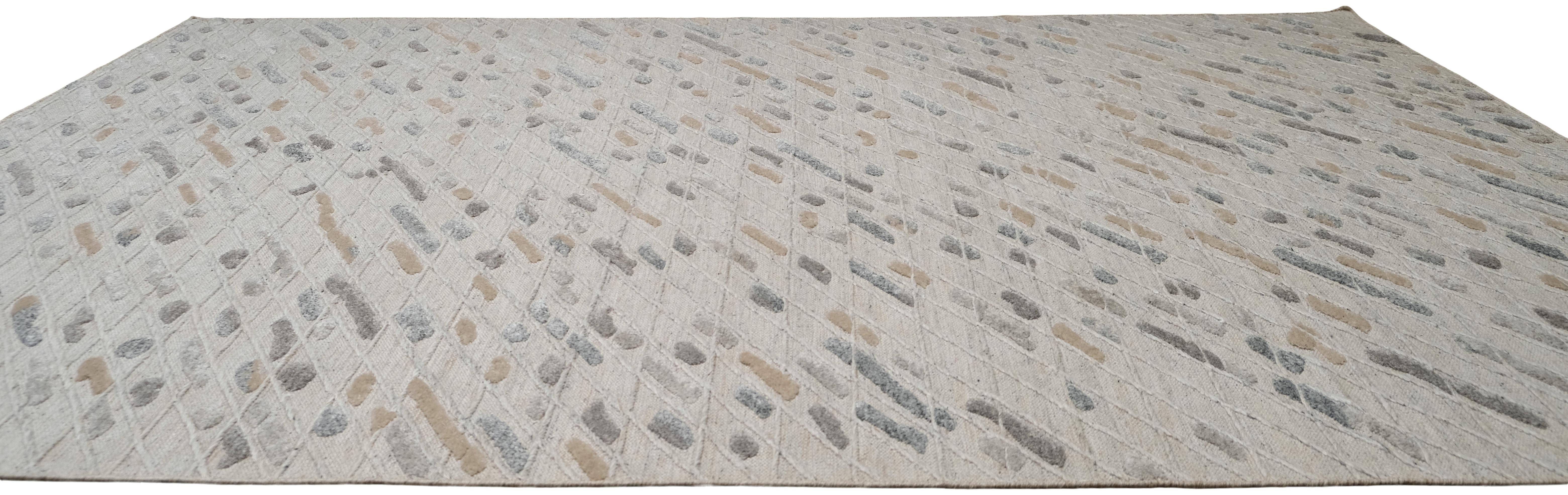 Hand-Woven Modern Speckled Grey Beige  Wool Rug 9x12' For Sale