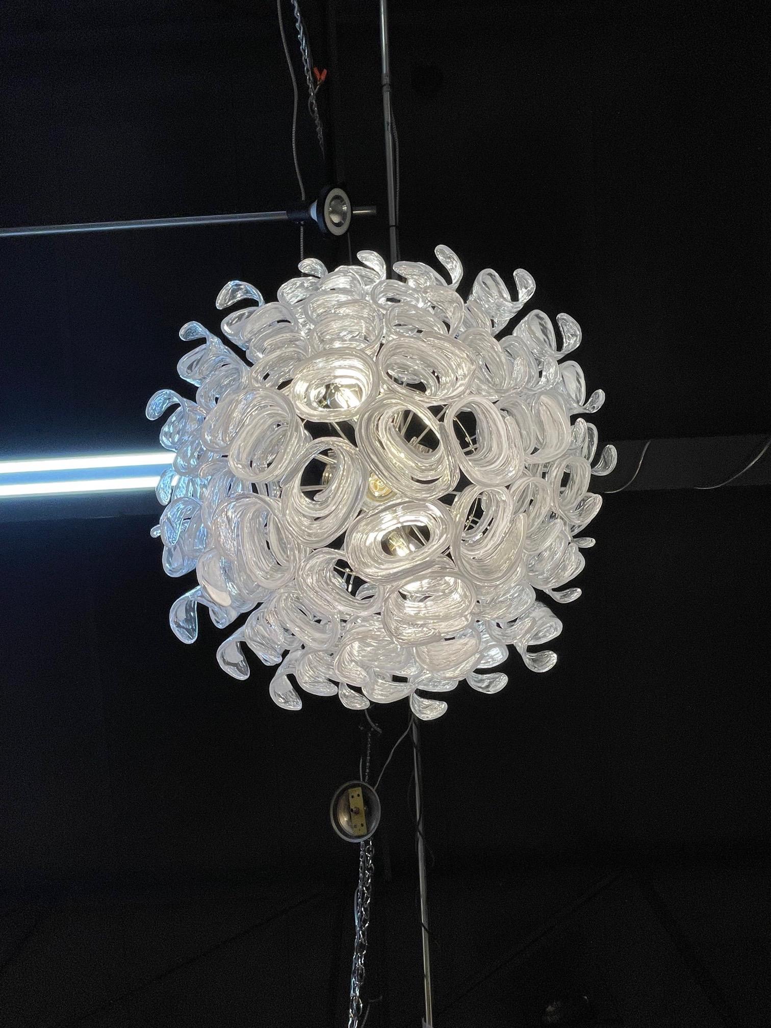Metal Modern Spiraled Clear and White Murano Glass Chandeliers For Sale