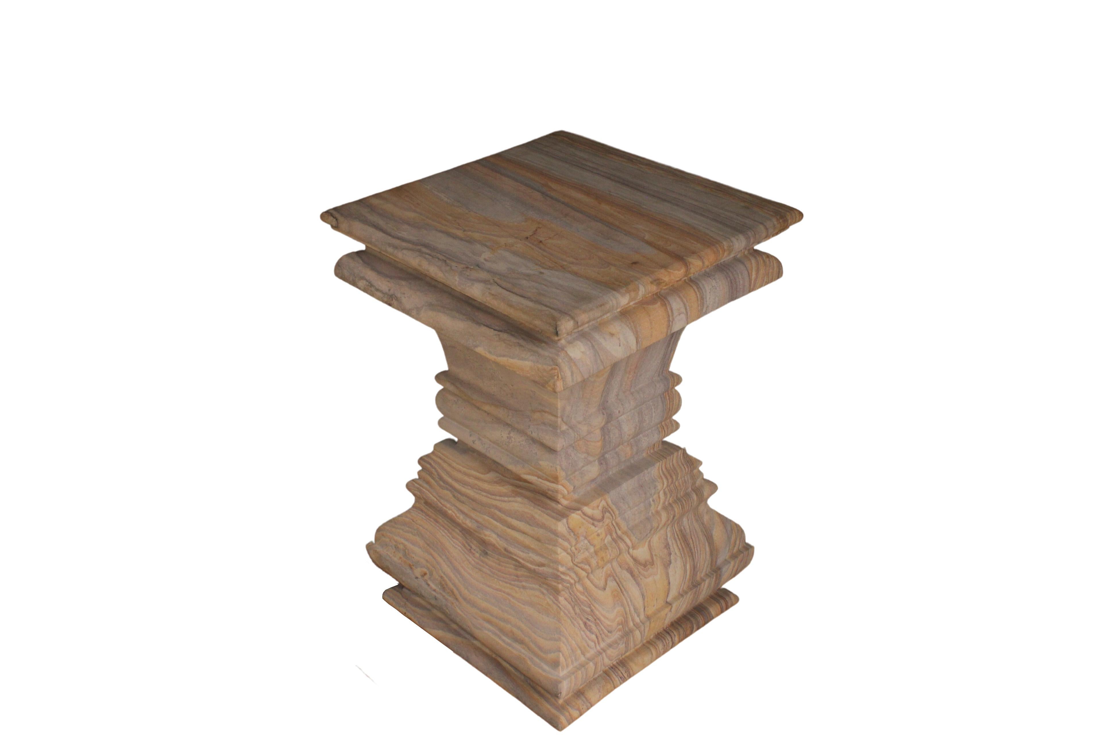 Indian Modern Square Architectural Pedestal Side Table in Rainbow Teakwood Stone For Sale
