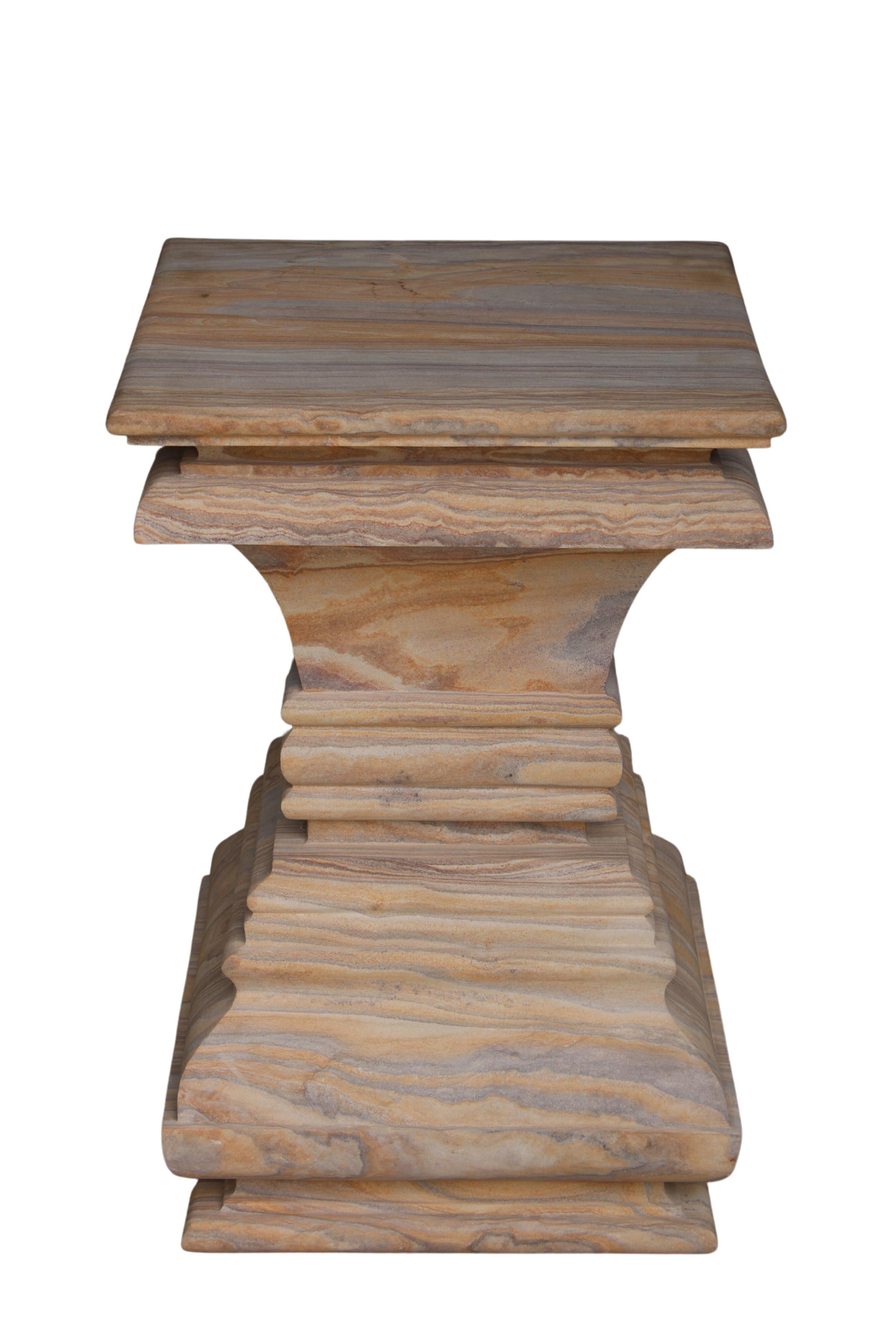 Hand-Carved Modern Square Architectural Pedestal Side Table in Rainbow Teakwood Stone For Sale