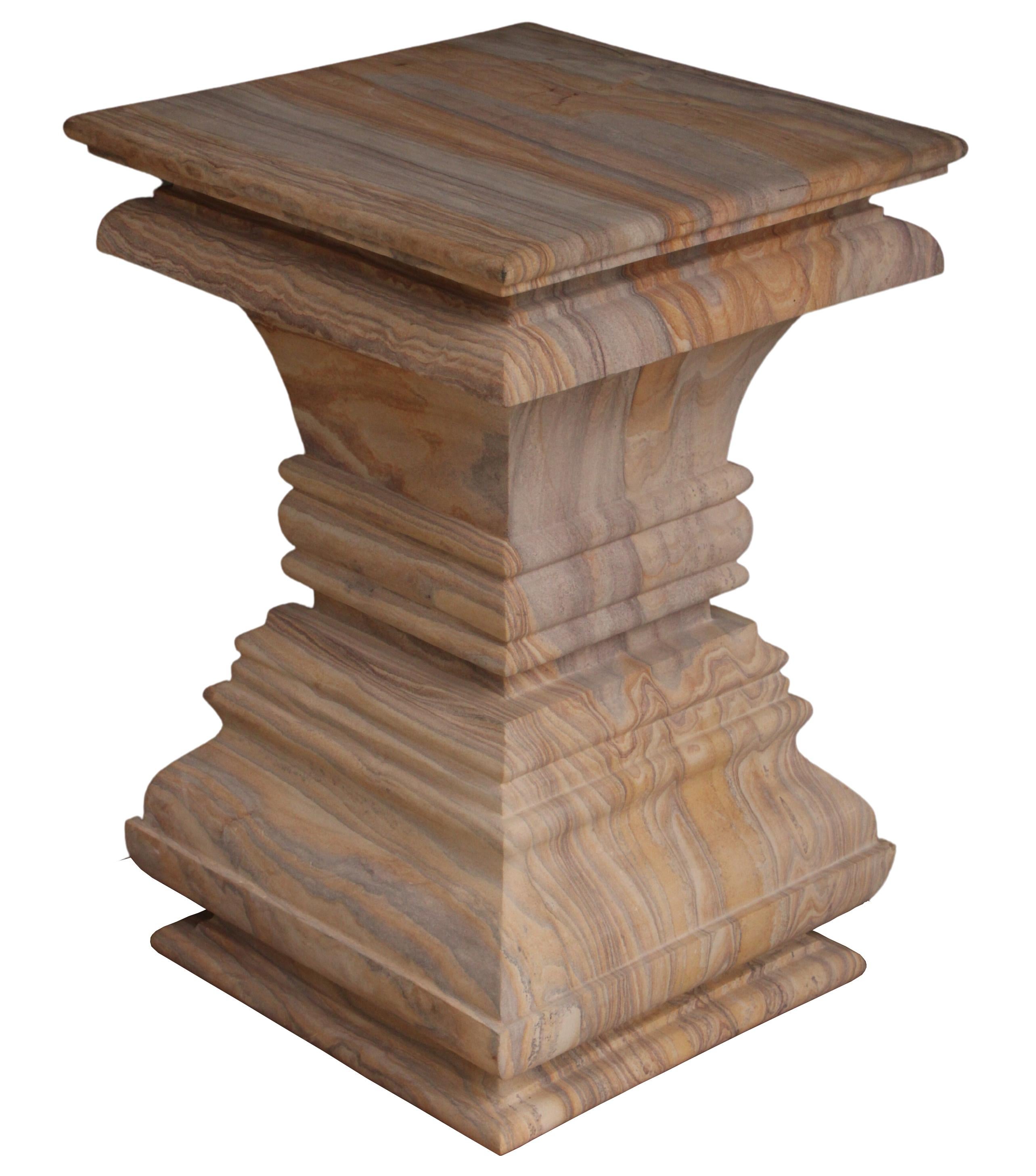 Contemporary Modern Square Architectural Pedestal Side Table in Rainbow Teakwood Stone For Sale