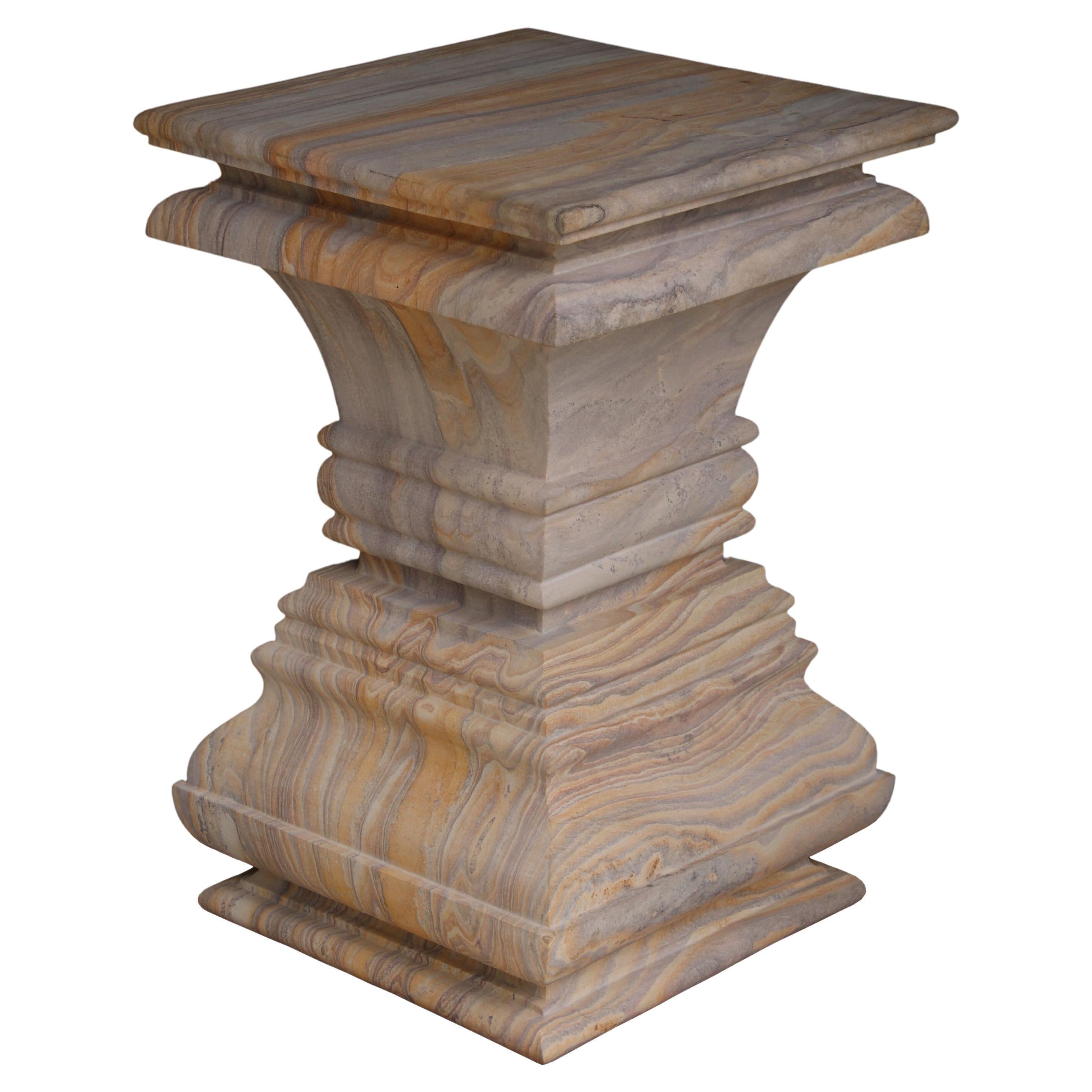 Modern Square Architectural Pedestal Side Table in Rainbow Teakwood Stone For Sale
