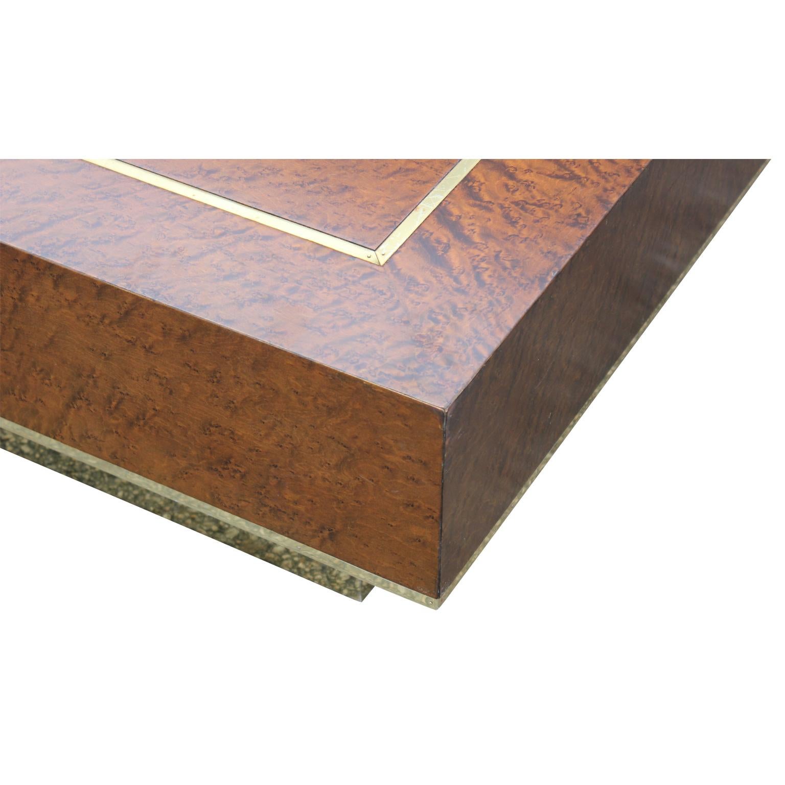 American Modern Square Brass and Burl Wood Italian Style Coffee Table