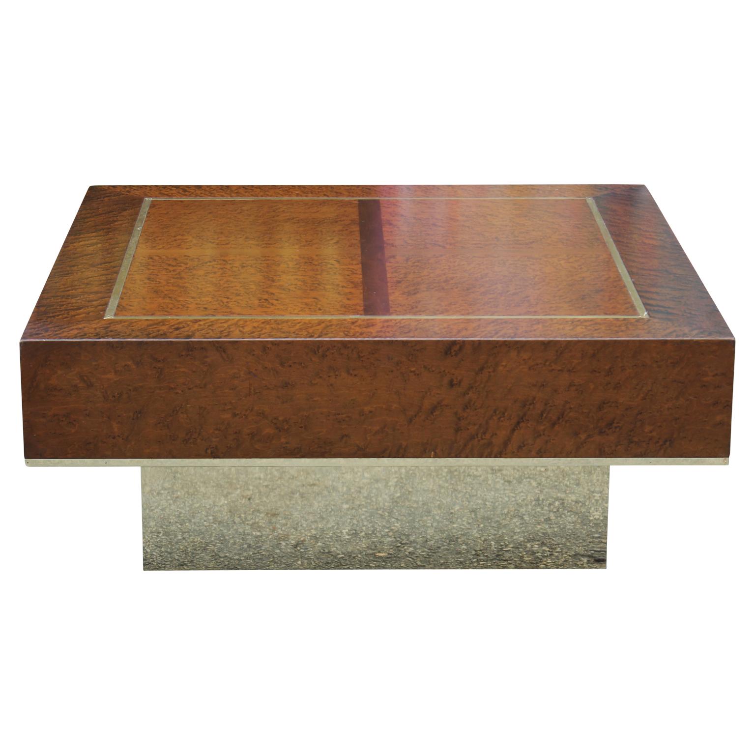 Modern Square Brass and Burl Wood Italian Style Coffee Table