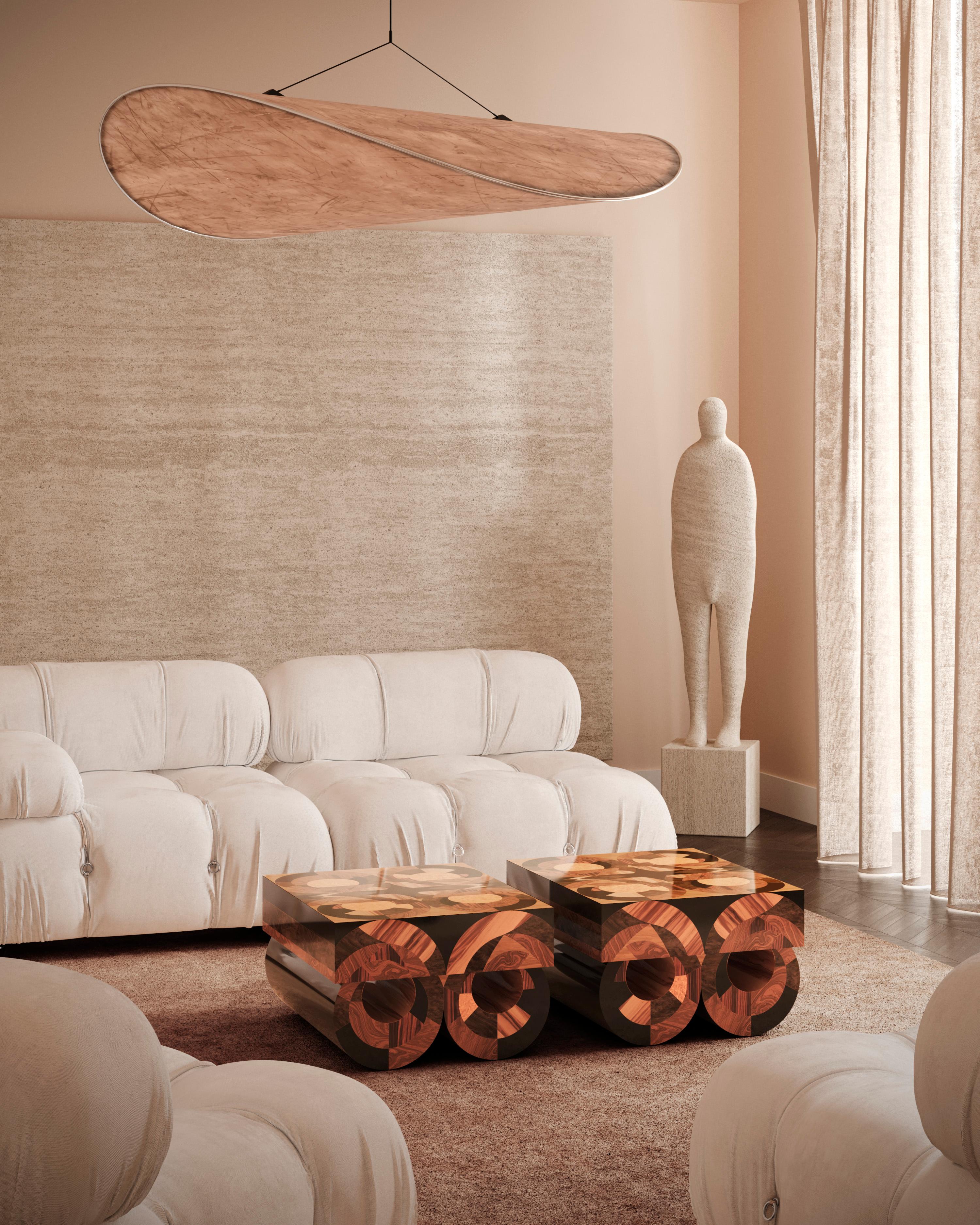Modern Square Center Coffee Table Walnut Wenge Oak Wood Marquetry Round Base
The Mocho Center Table is a stunning coffee table that exudes mid-century design charm. Crafted with rich wood veneers, it showcases exceptional craftsmanship and artistic