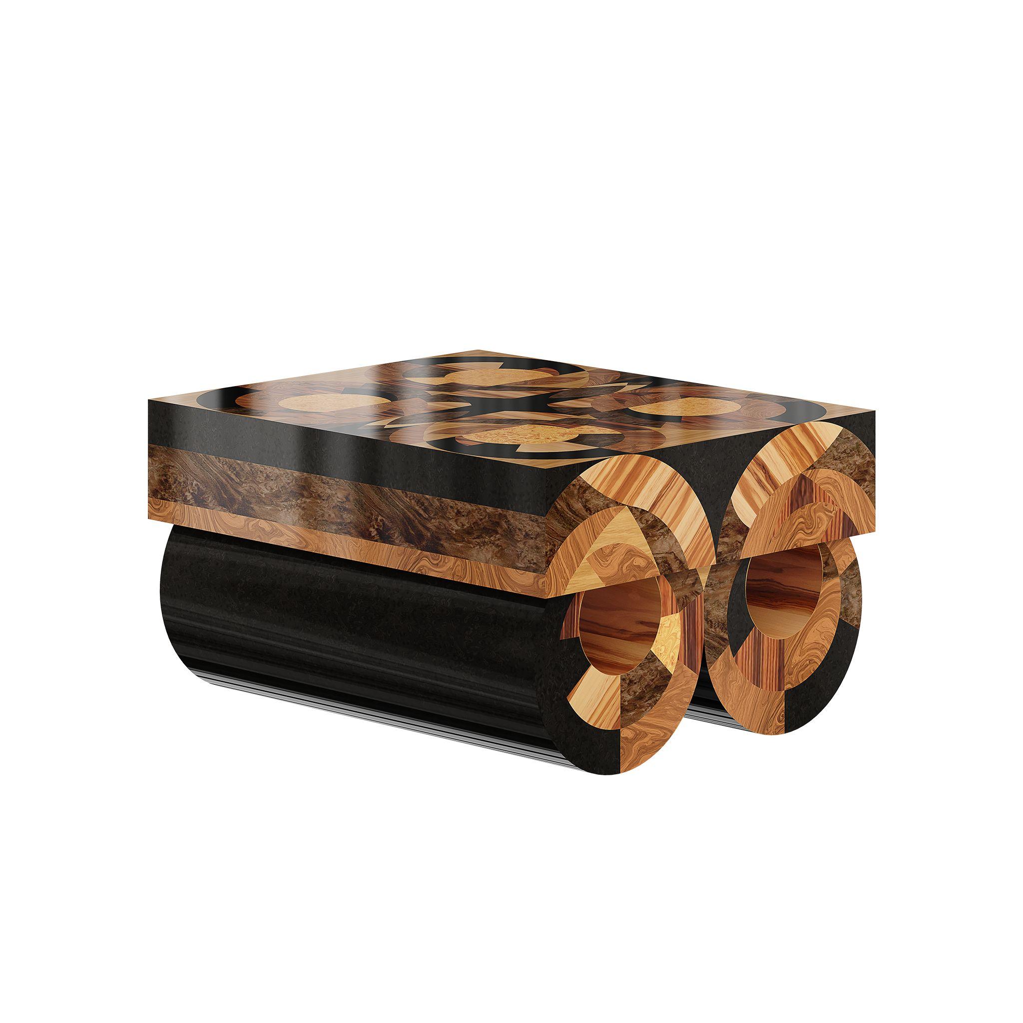 Portuguese Modern Square Center Coffee Table Walnut Wenge Oak Wood Marquetry Round Base For Sale