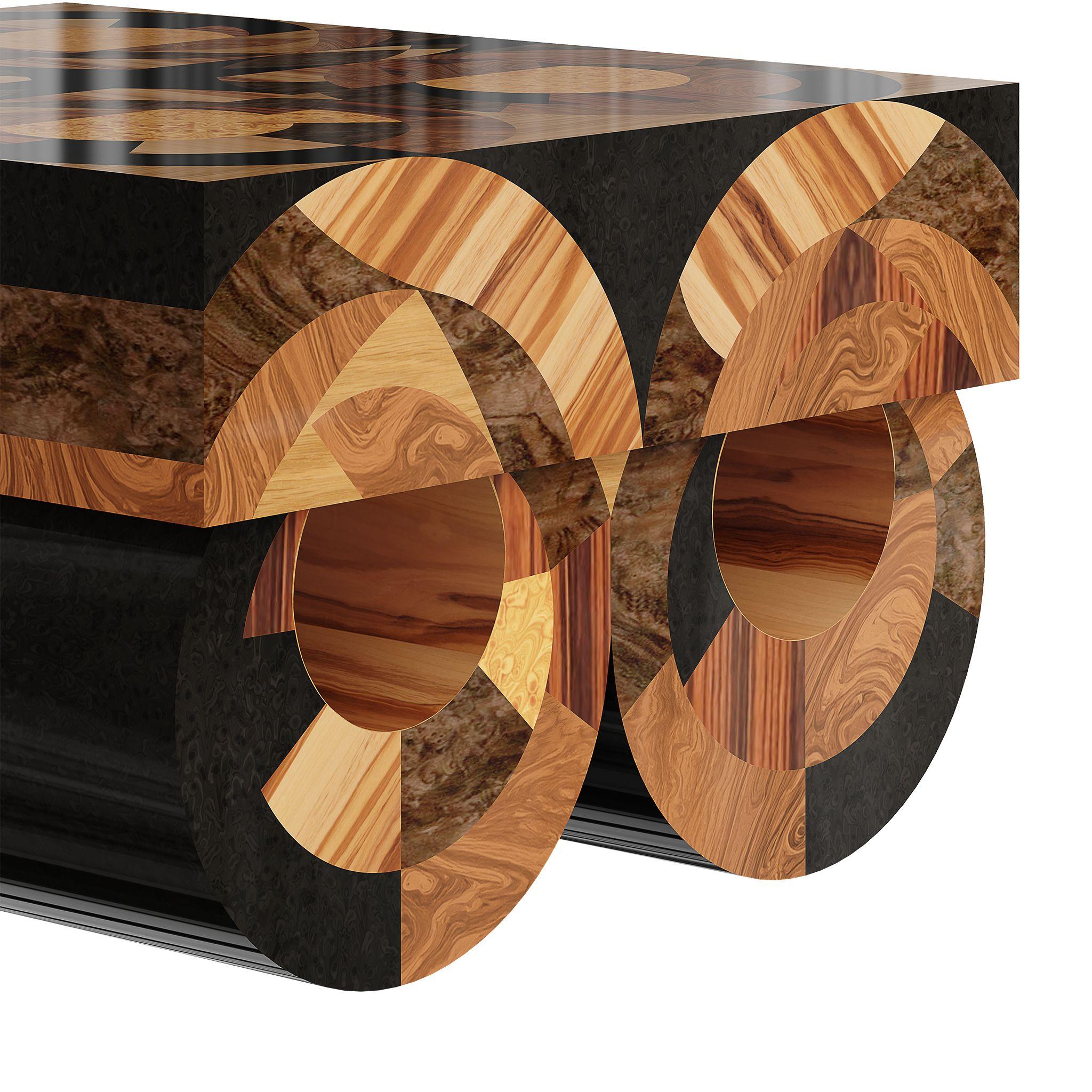 Glazed Modern Square Center Coffee Table Walnut Wenge Oak Wood Marquetry Round Base For Sale