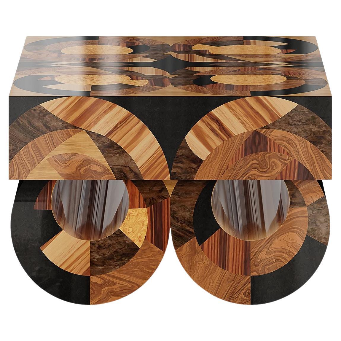 Tavolino quadrato moderno da centro Noce Wengè Oak Wood intarsiato Base rotonda