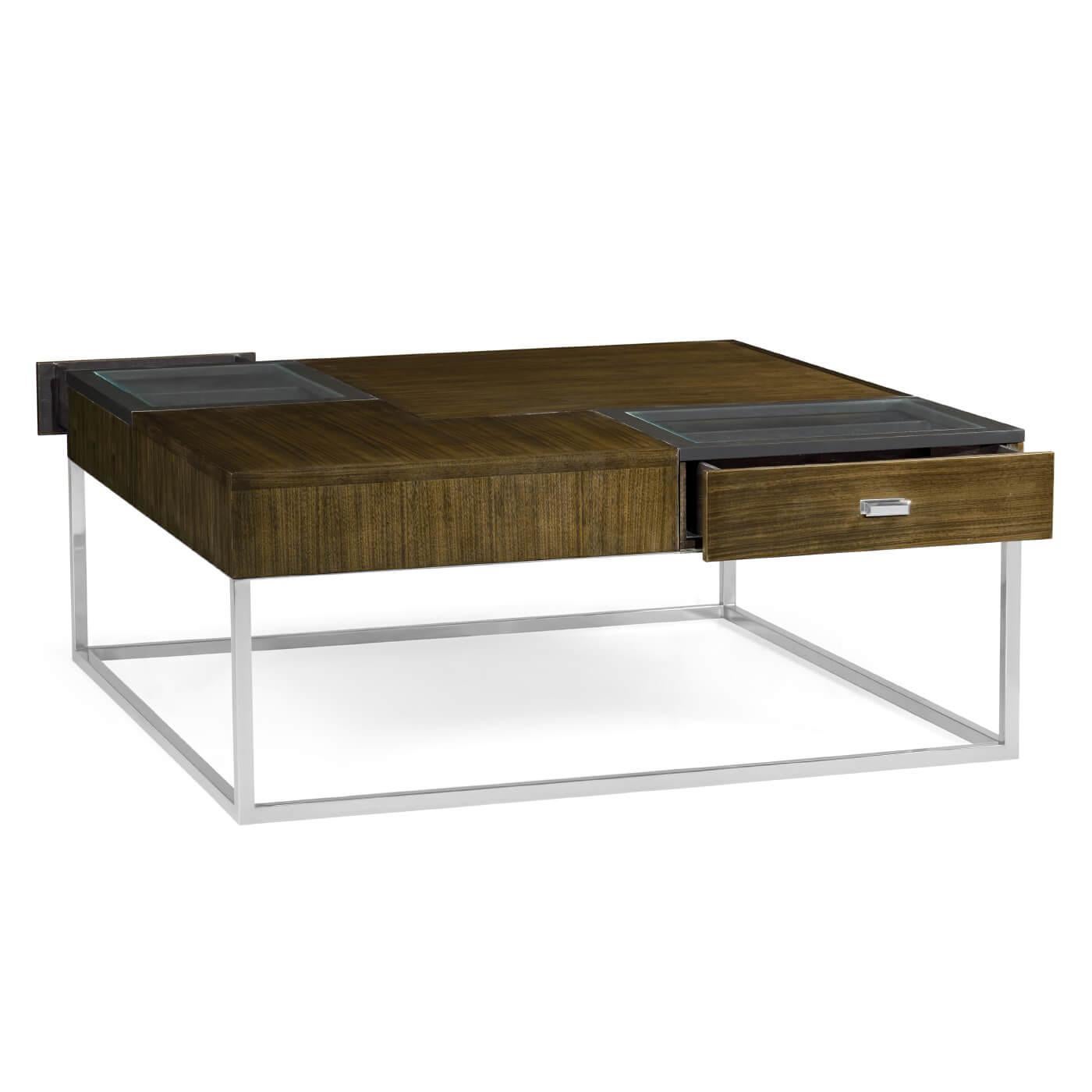 A modern square cocktail table with a warm walnut finish, two drawers with clear glass viewing tops on a square frame stainless steel base.

Dimensions: 48