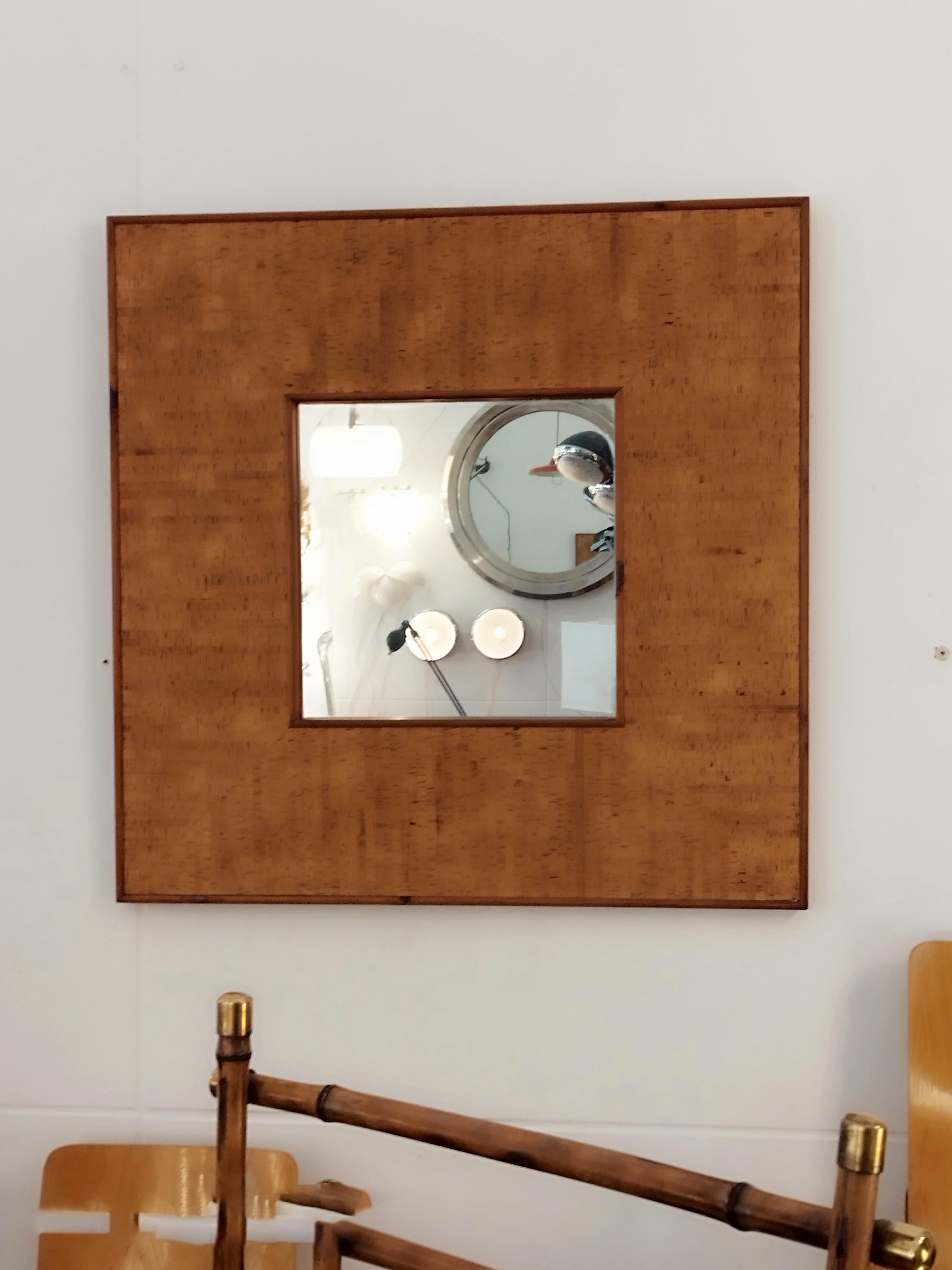 Italian Modern Square Cork Wall Mirror, Italy 1970s For Sale