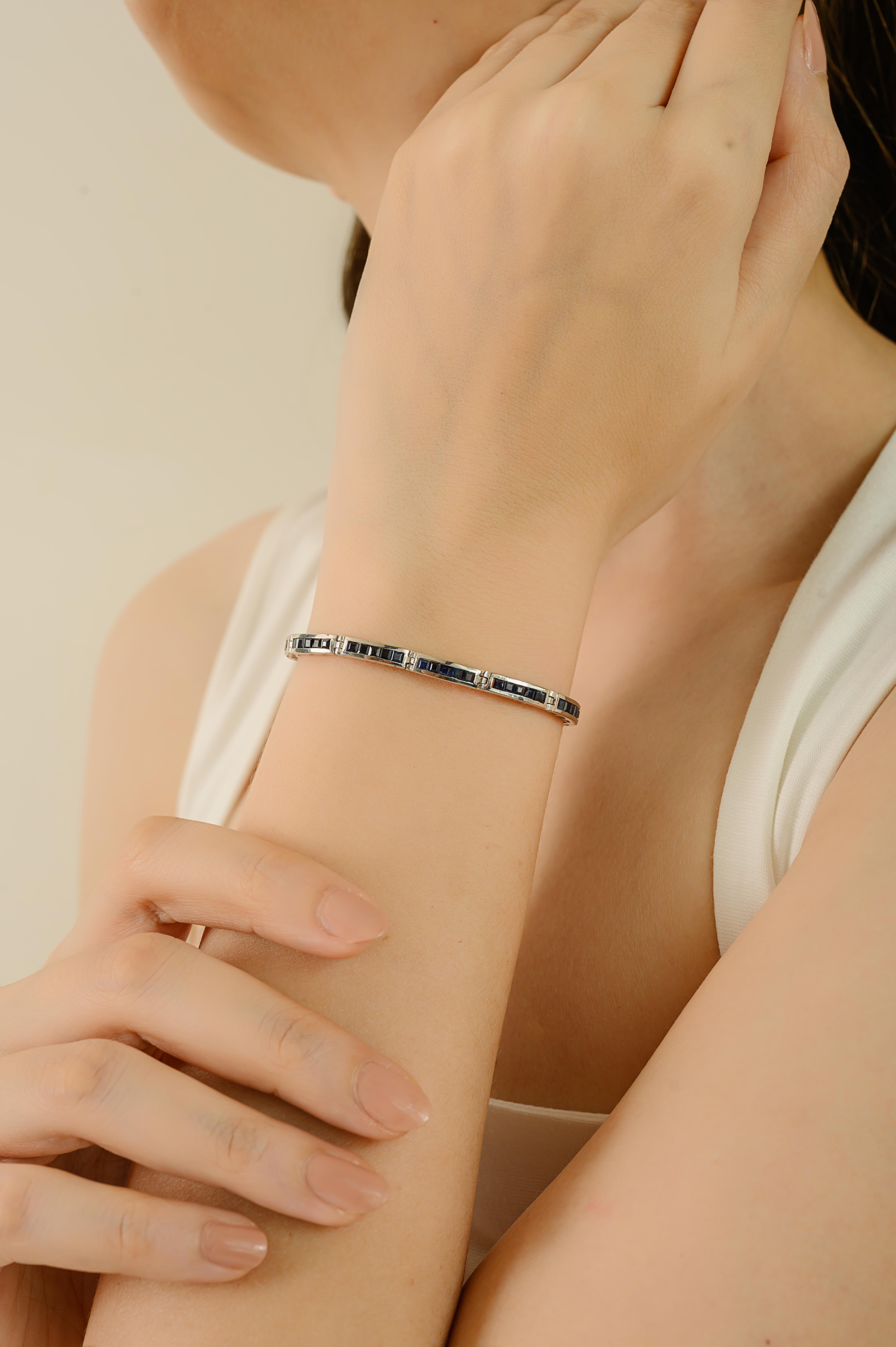 Moderna pulsera de tenis de plata 925 con zafiro azul talla cuadrada de 10,2 qt Regalo para esposa Corte cuadrado en venta