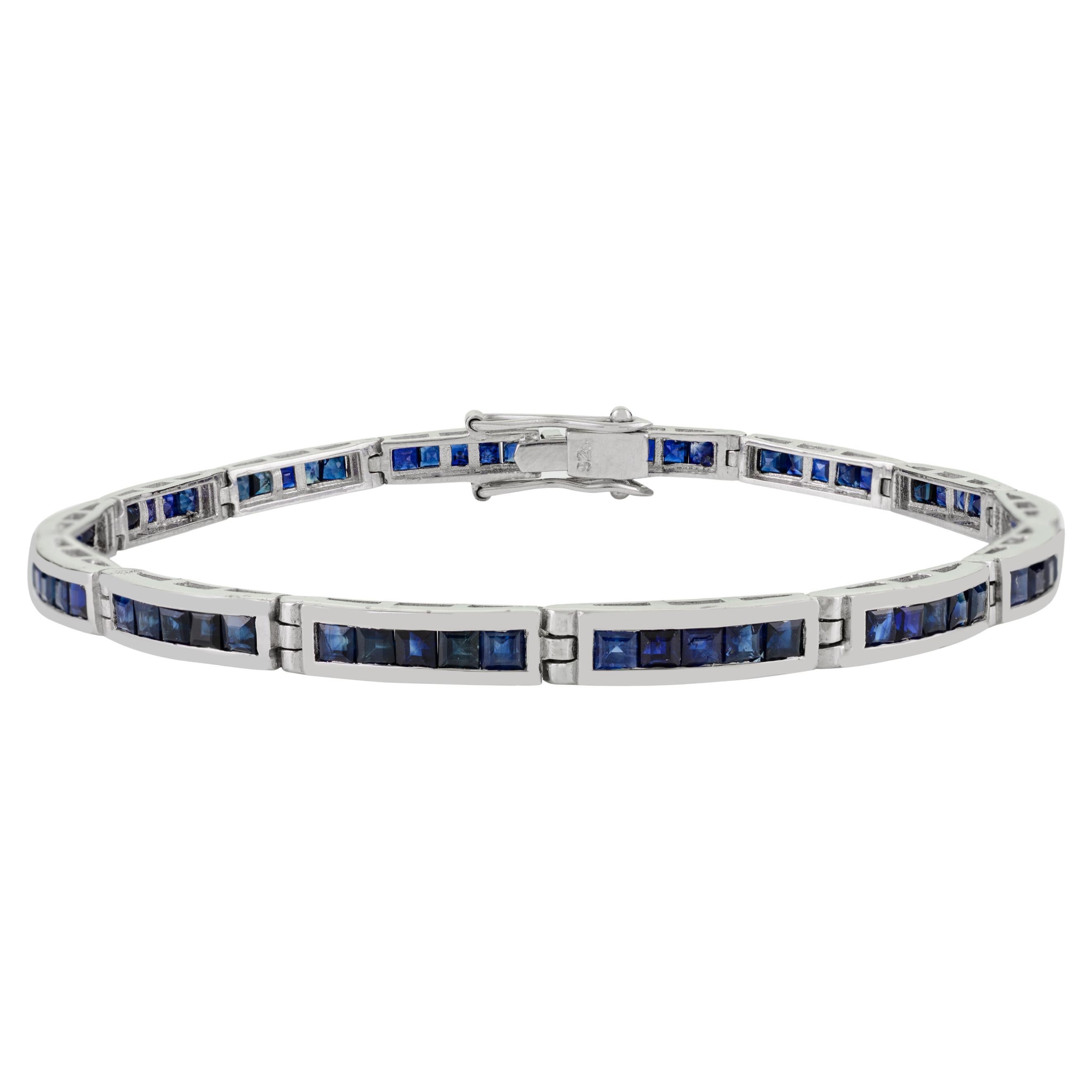 Modern Square Cut 10.2 Ct Blue Sapphire 925 Silver Tennis Bracelet Gift for Wife For Sale
