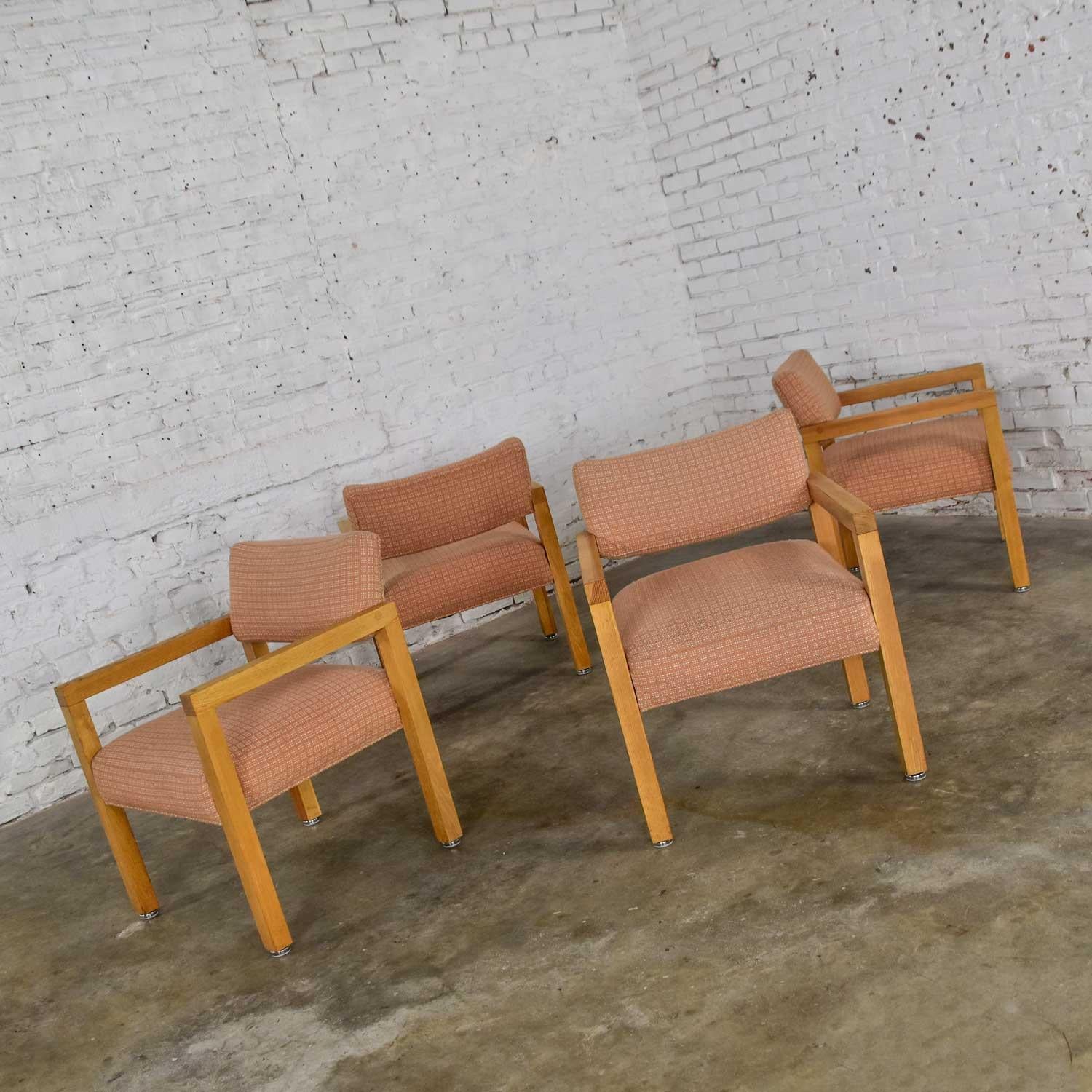 Modern Square Frame Oak Armchairs with Original Blush Textured Fabric, Set of 4 For Sale 2