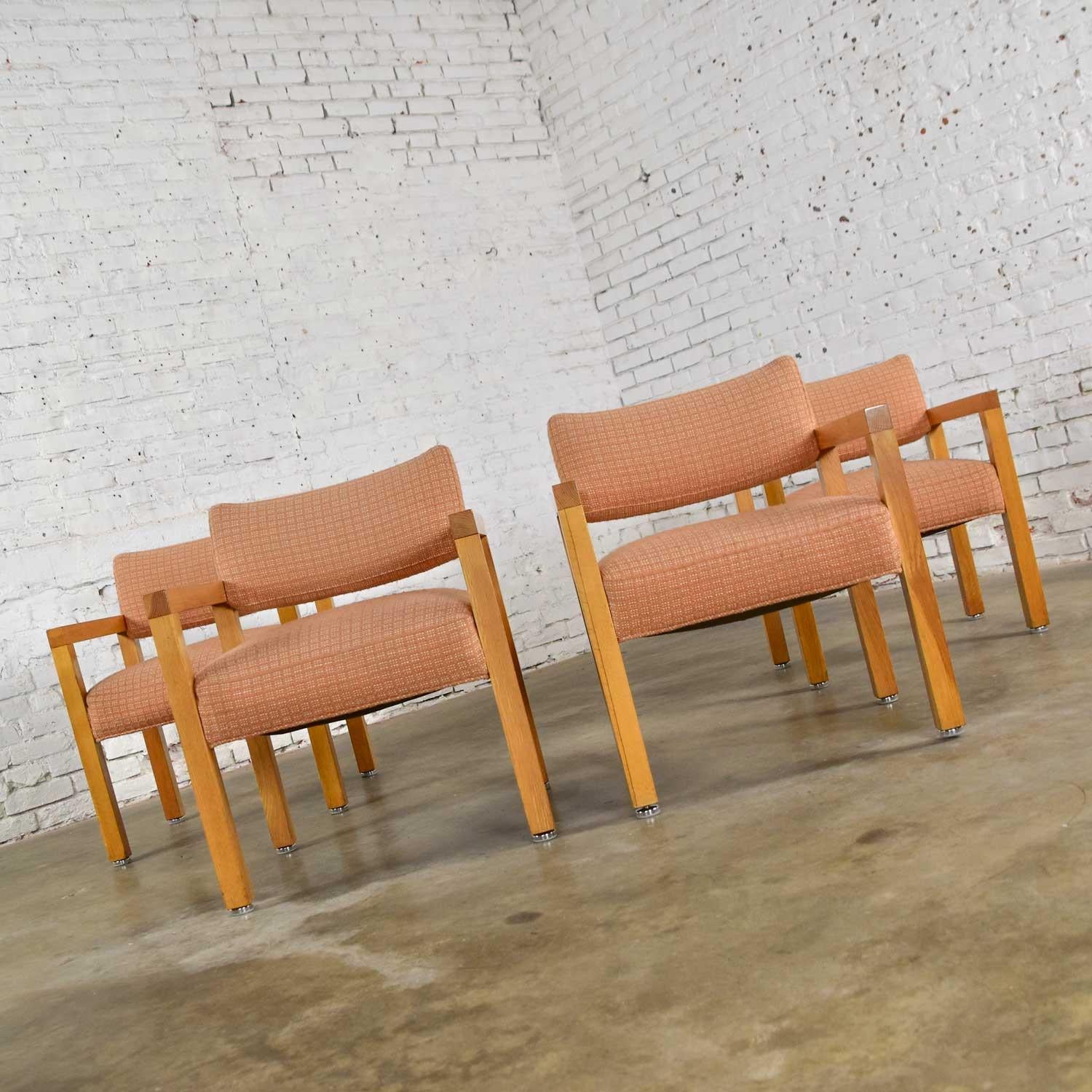 Modern Square Frame Oak Armchairs with Original Blush Textured Fabric, Set of 4 For Sale 4