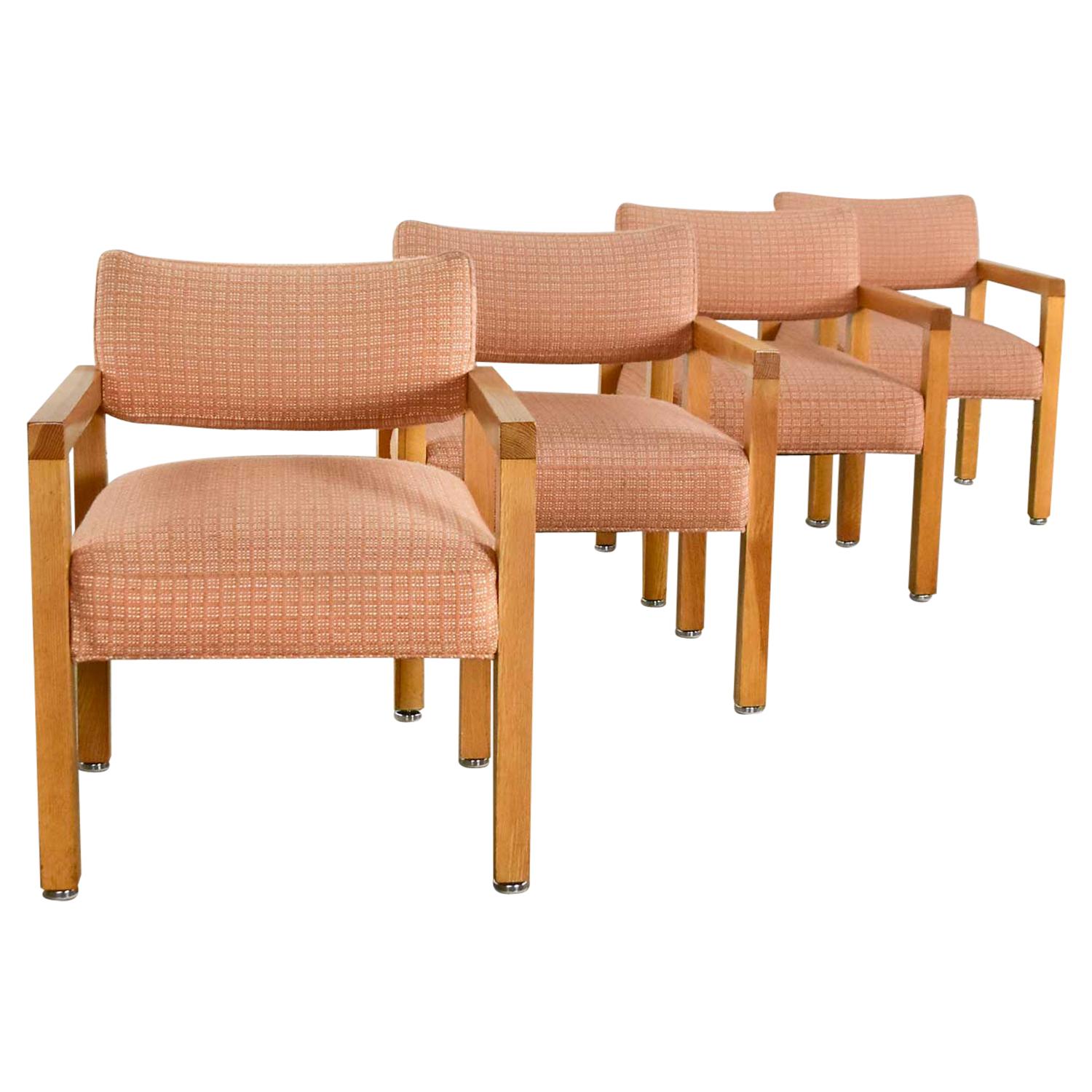 Modern Square Frame Oak Armchairs with Original Blush Textured Fabric, Set of 4 For Sale