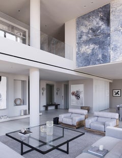 Modern Square Glass-Top Coffee Table with Blackened Steel Cross Base