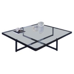 Modern Square Glass-Top Coffee Table with Blackened Steel Cross Base