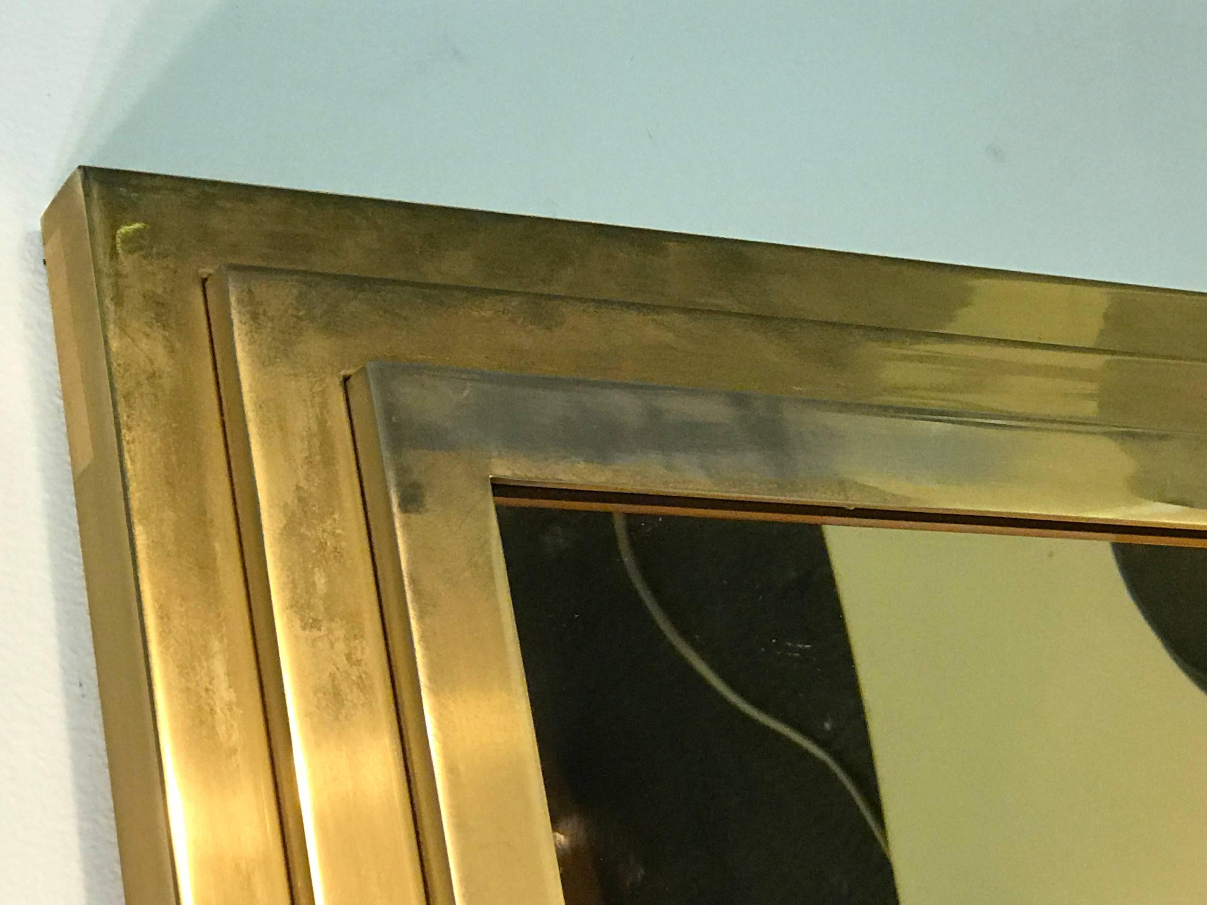 American Modern Square Gold Tone Framed Metal Mirror For Sale