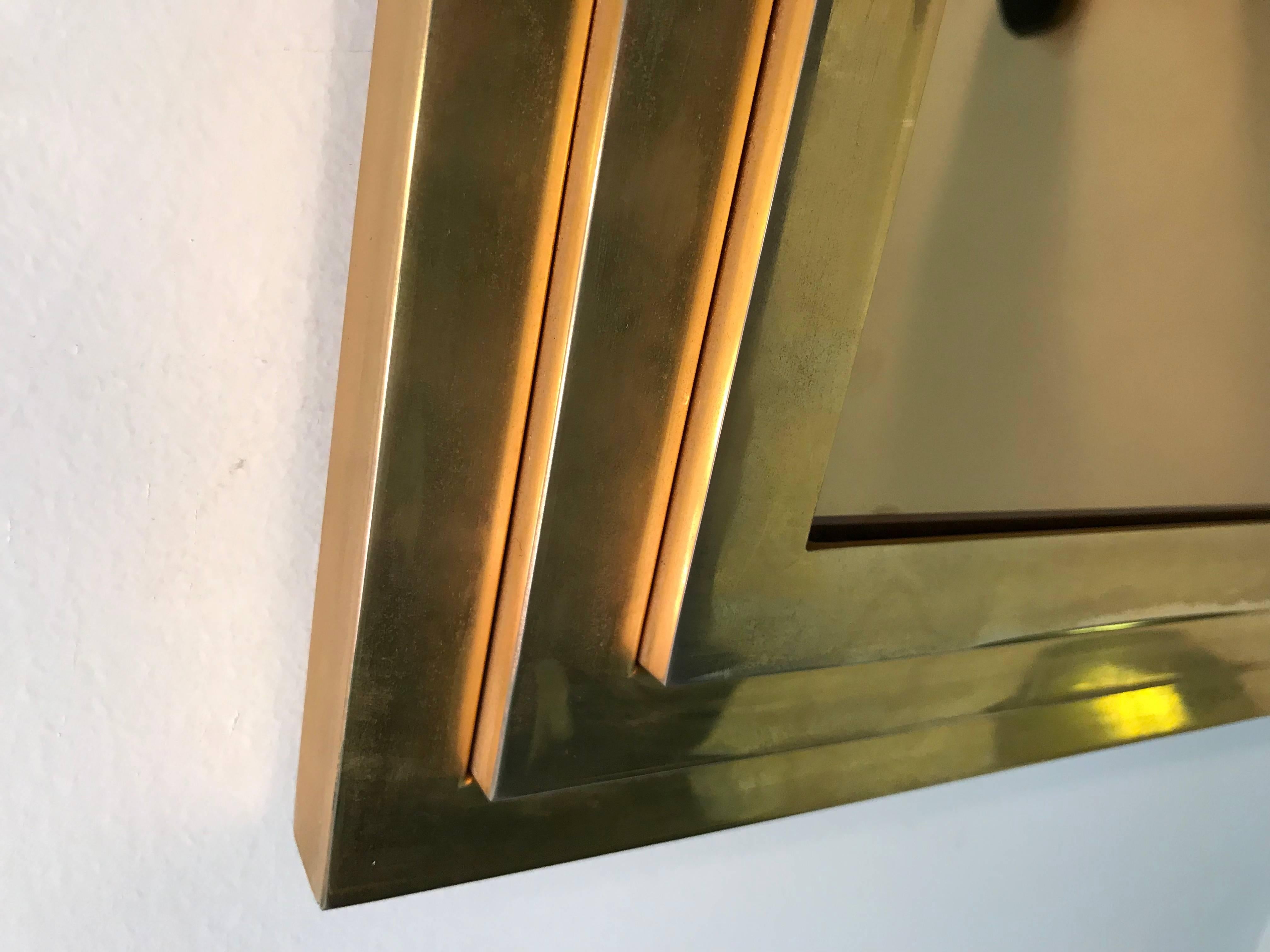 Late 20th Century Modern Square Gold Tone Framed Metal Mirror For Sale