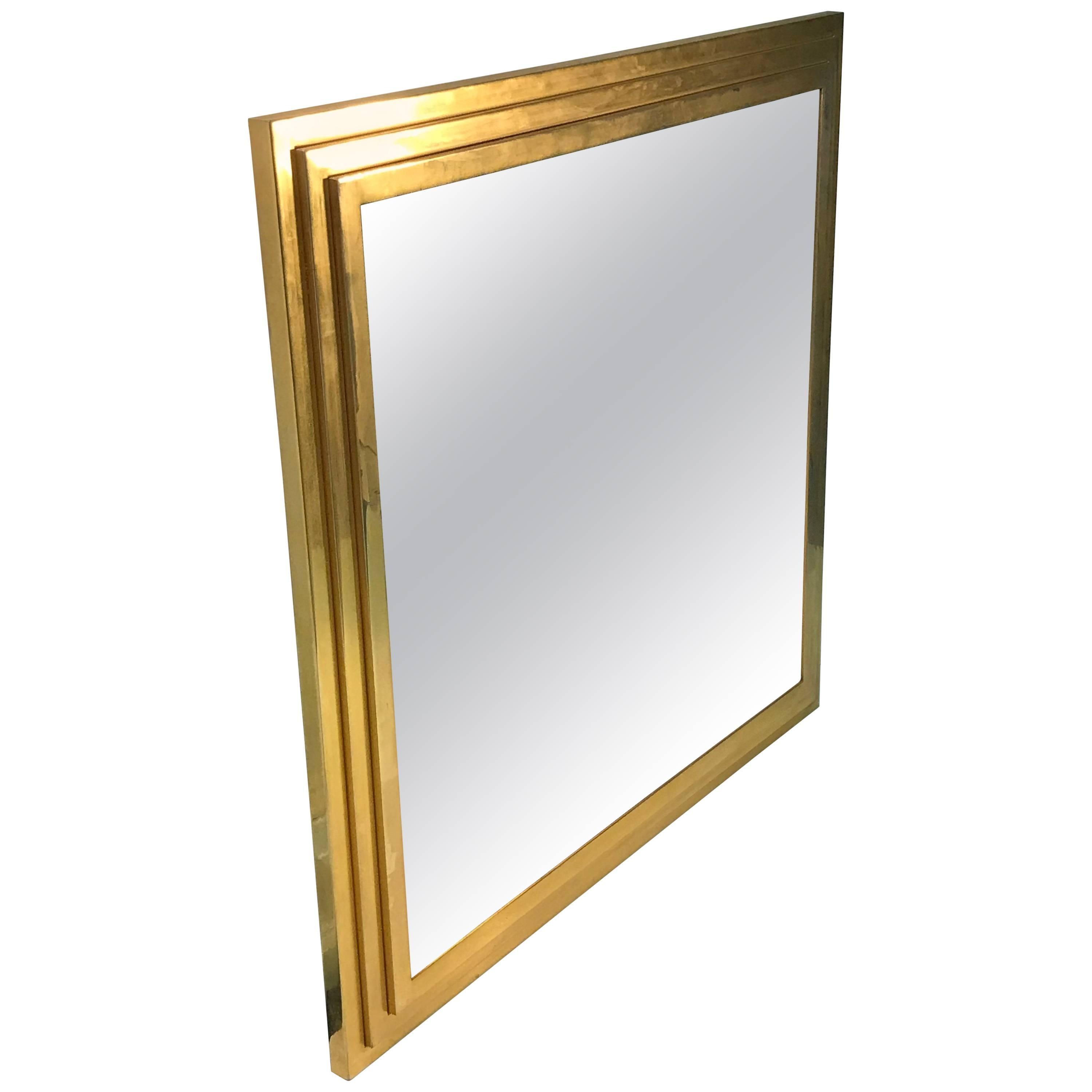 Modern Square Gold Tone Framed Metal Mirror For Sale
