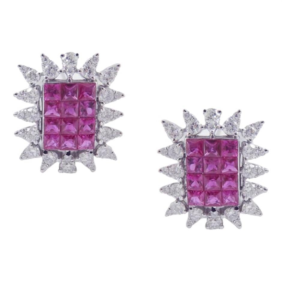 Modern Square Invisible Ruby Earring Ring Set For Sale 1