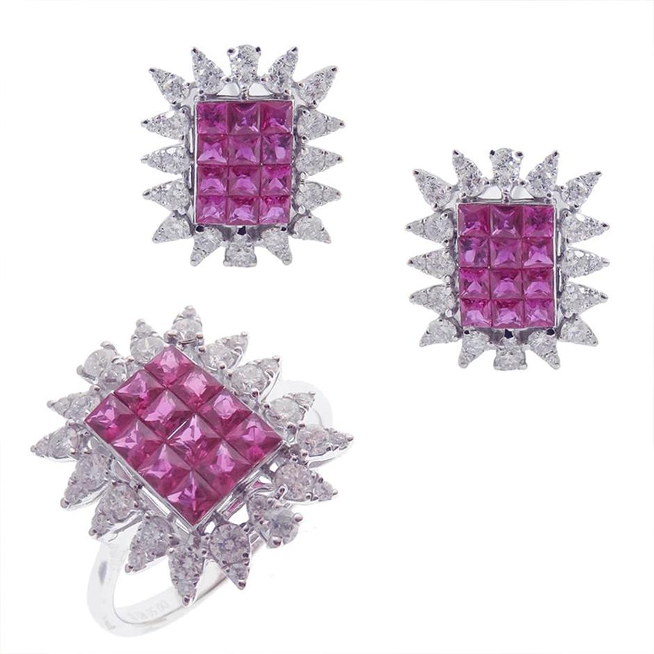Modern Square Invisible Ruby Earring Ring Set For Sale 2