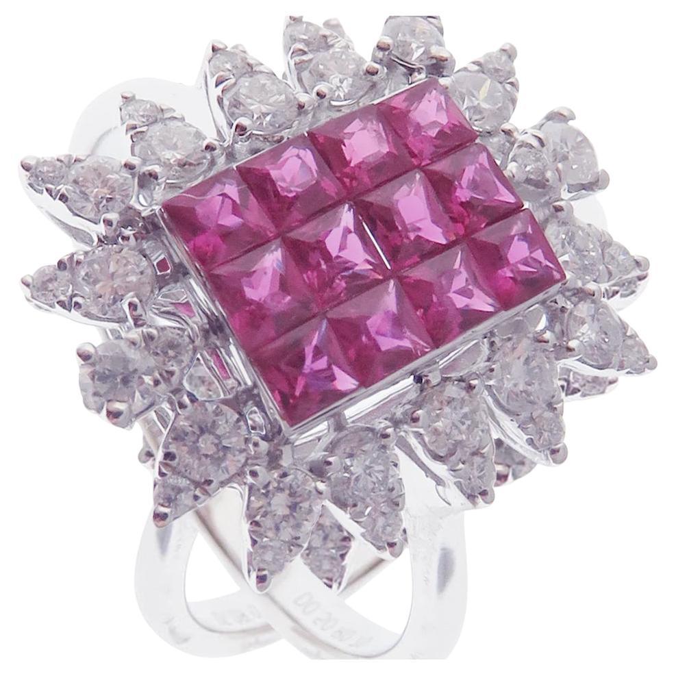 Modern Square Invisible Ruby Earring Ring Set For Sale