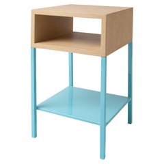 Modern Square Oak Wood Nightstand with Aqua Blue Metal Legs & Shelf