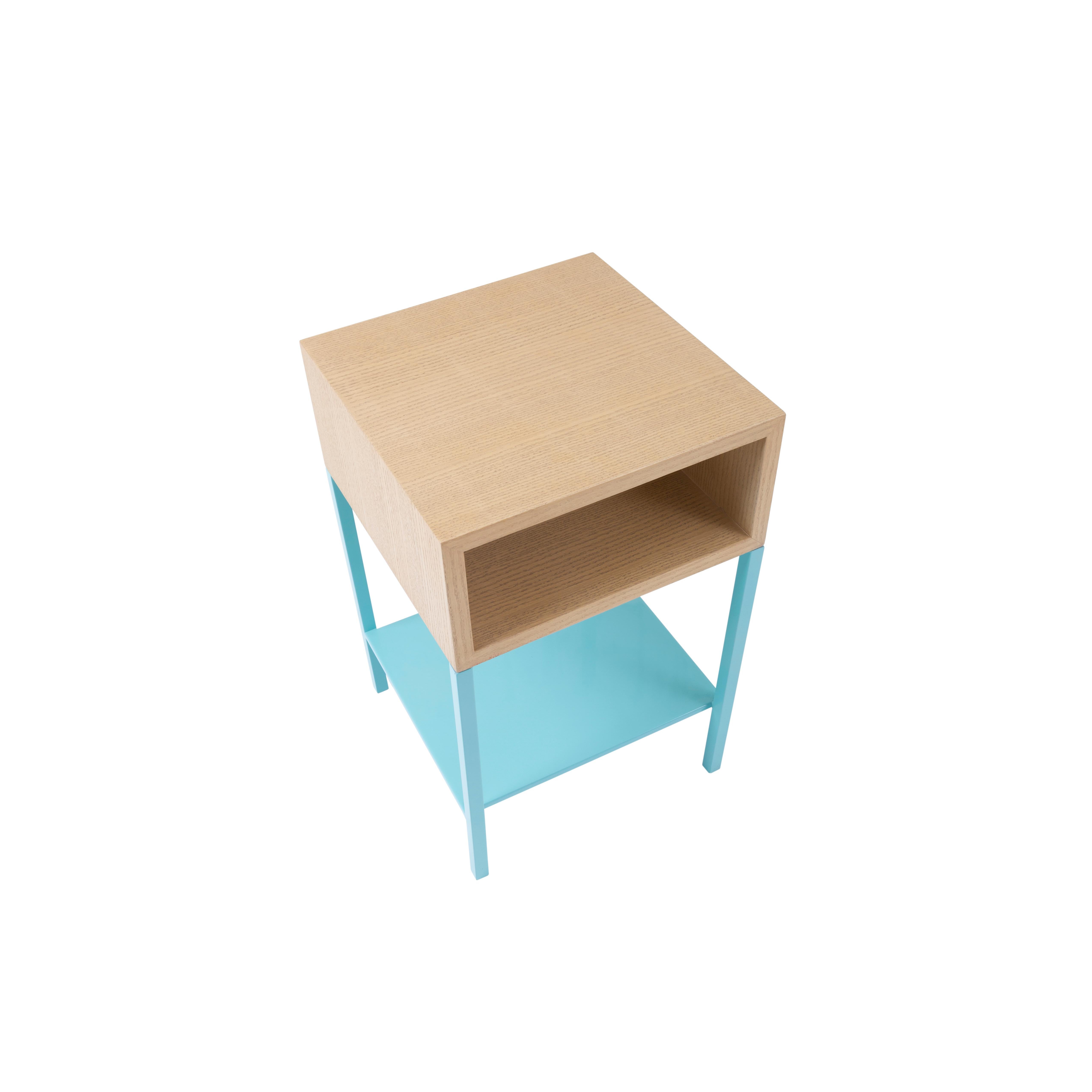 Modern Square Oak Wood Nightstand with Coral Metal Legs & Shelf In New Condition In Cairo, EG