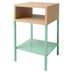 Modern Square Oak Wood Nightstand with Mint Green Metal Legs & Shelf