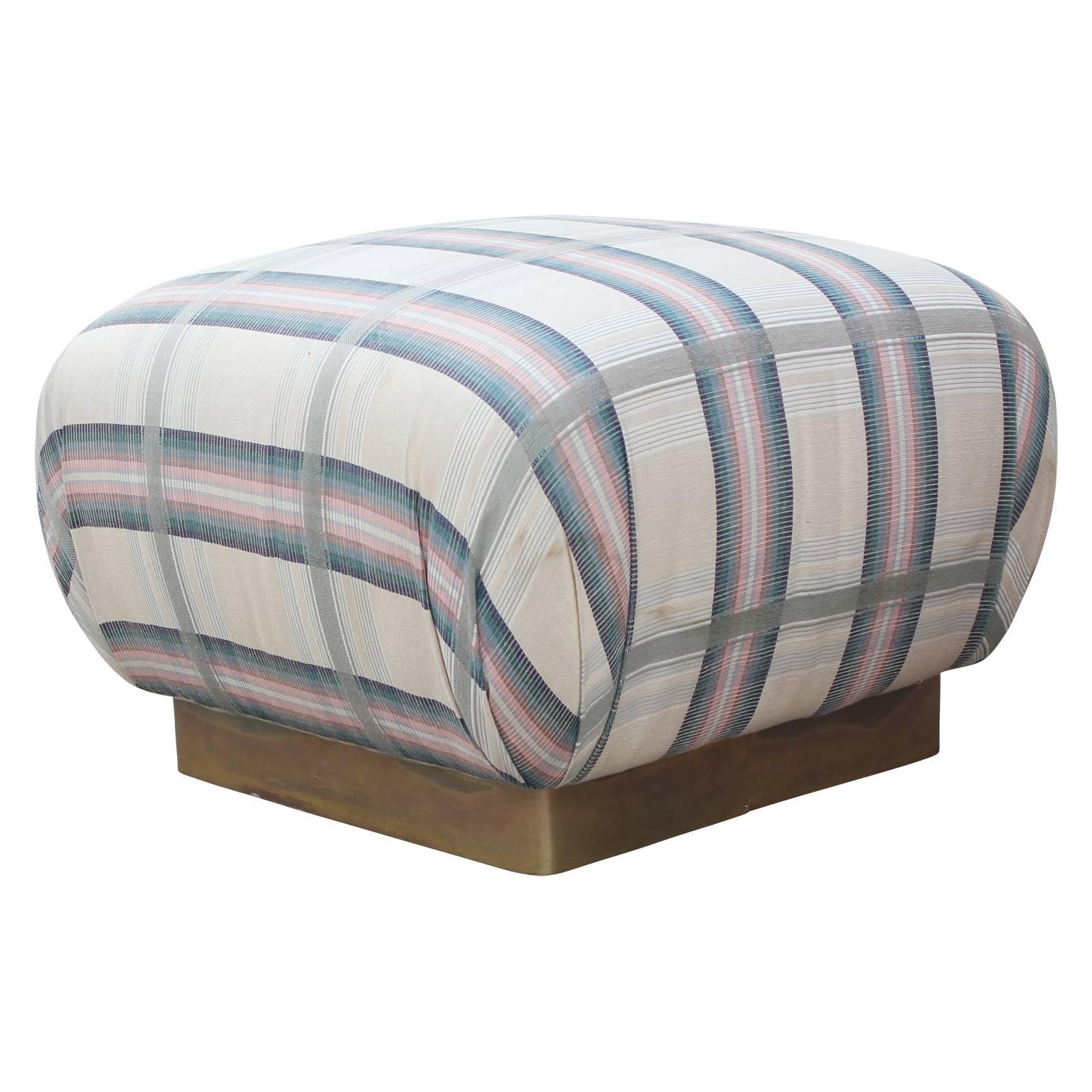 Modern Square Ottoman / Pouf with Brass Base in Blue and White Fabric