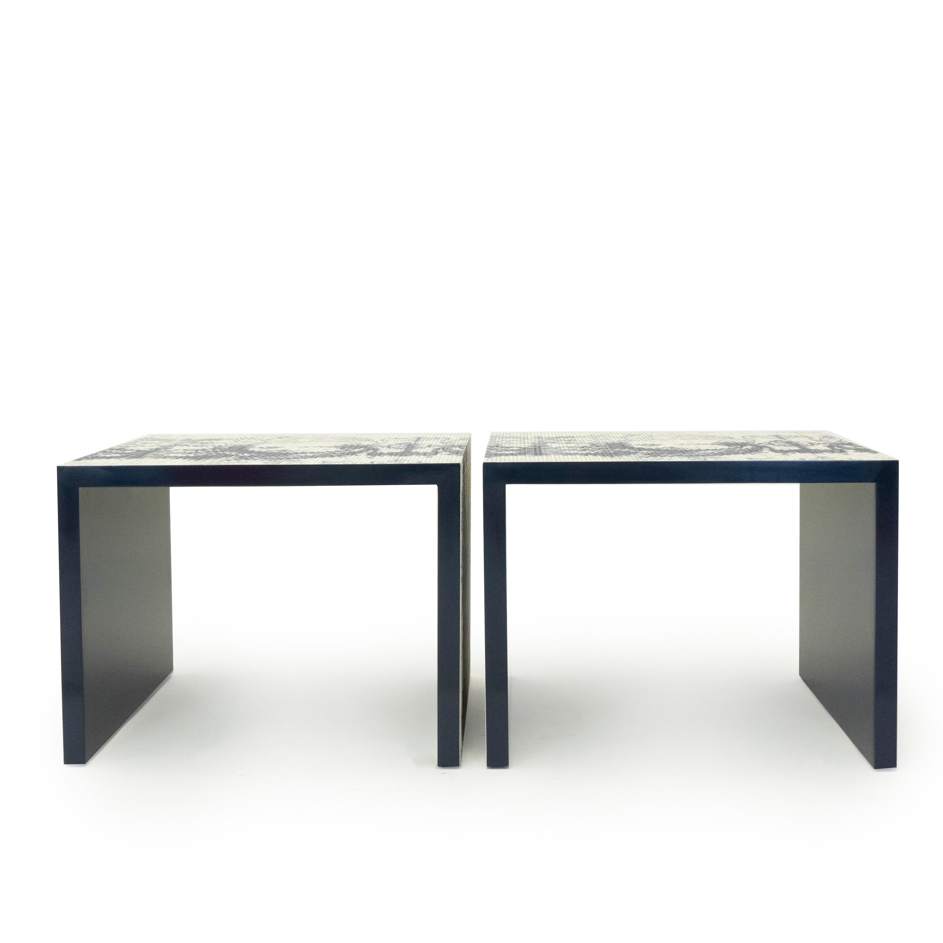 Handmade modern square side tables with a textured vinyl finish painted in a deep royal blue. These tables are made at our studio in Norwalk, Connecticut and can be customized upon request. 

Measurements: 21