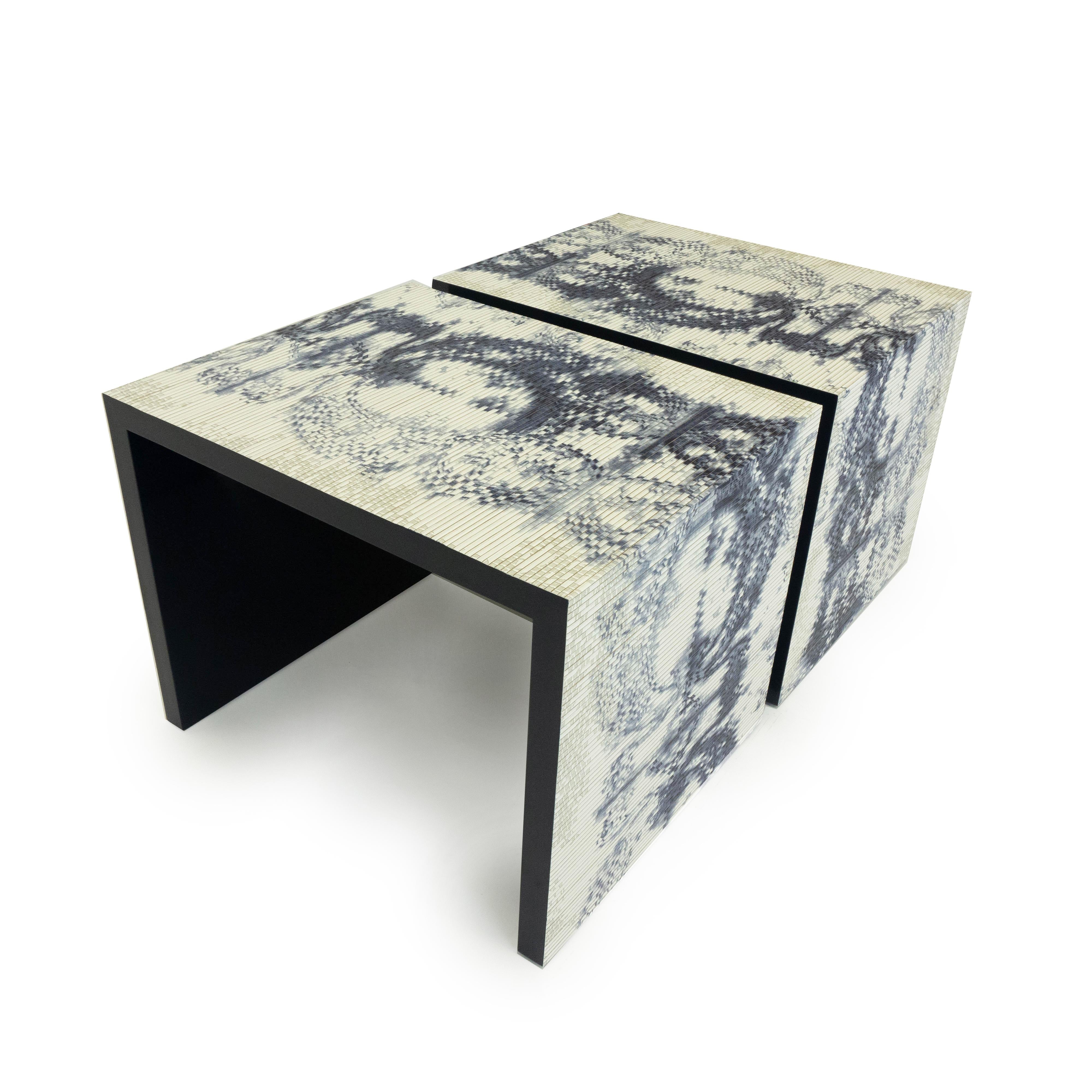 Modern Square Side Tables with Textured Print Finish In Excellent Condition For Sale In Greenwich, CT