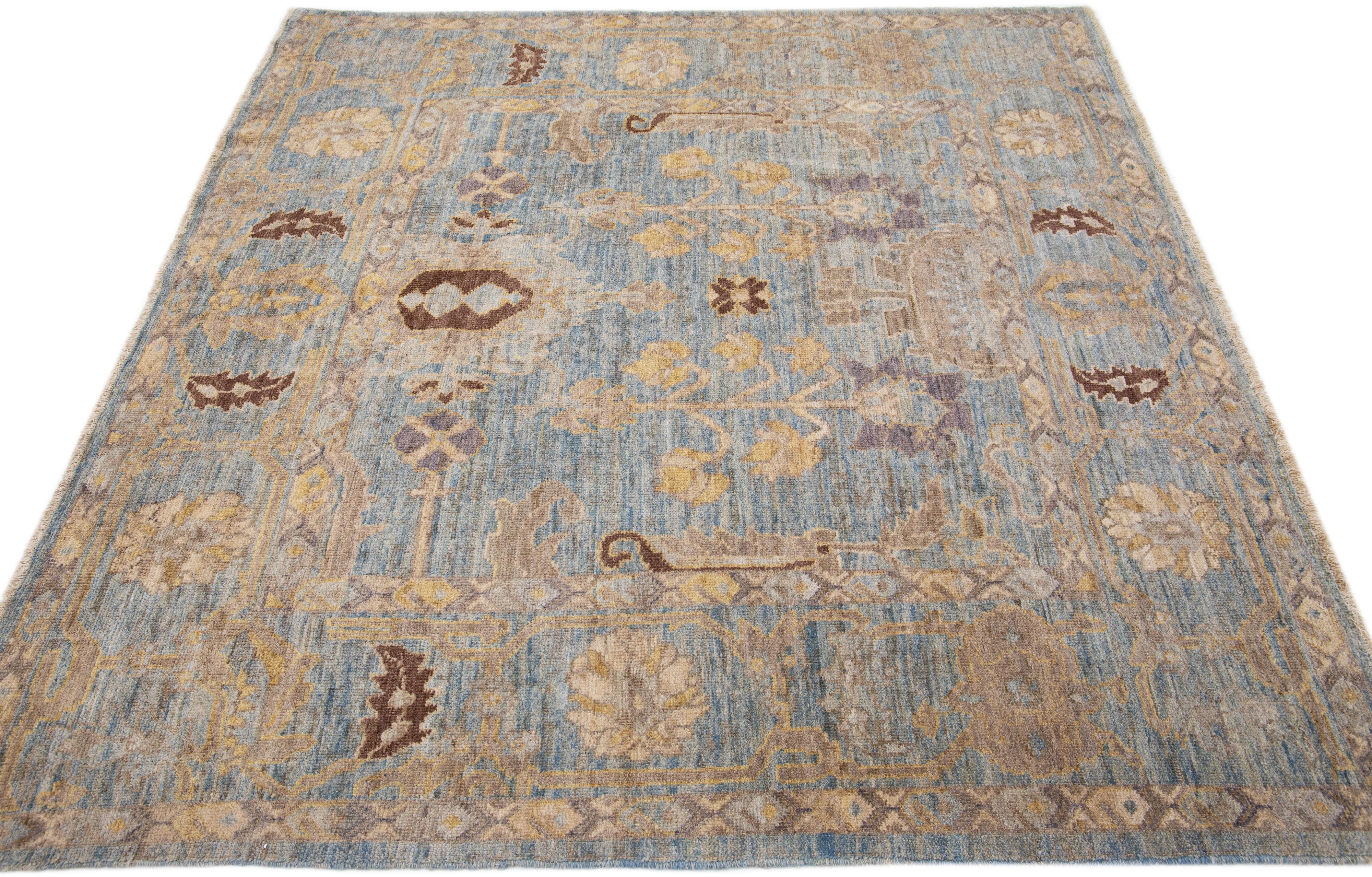 Hand-Knotted Modern Square Sultanabad Wool Rug Handmade Floral in Blue For Sale