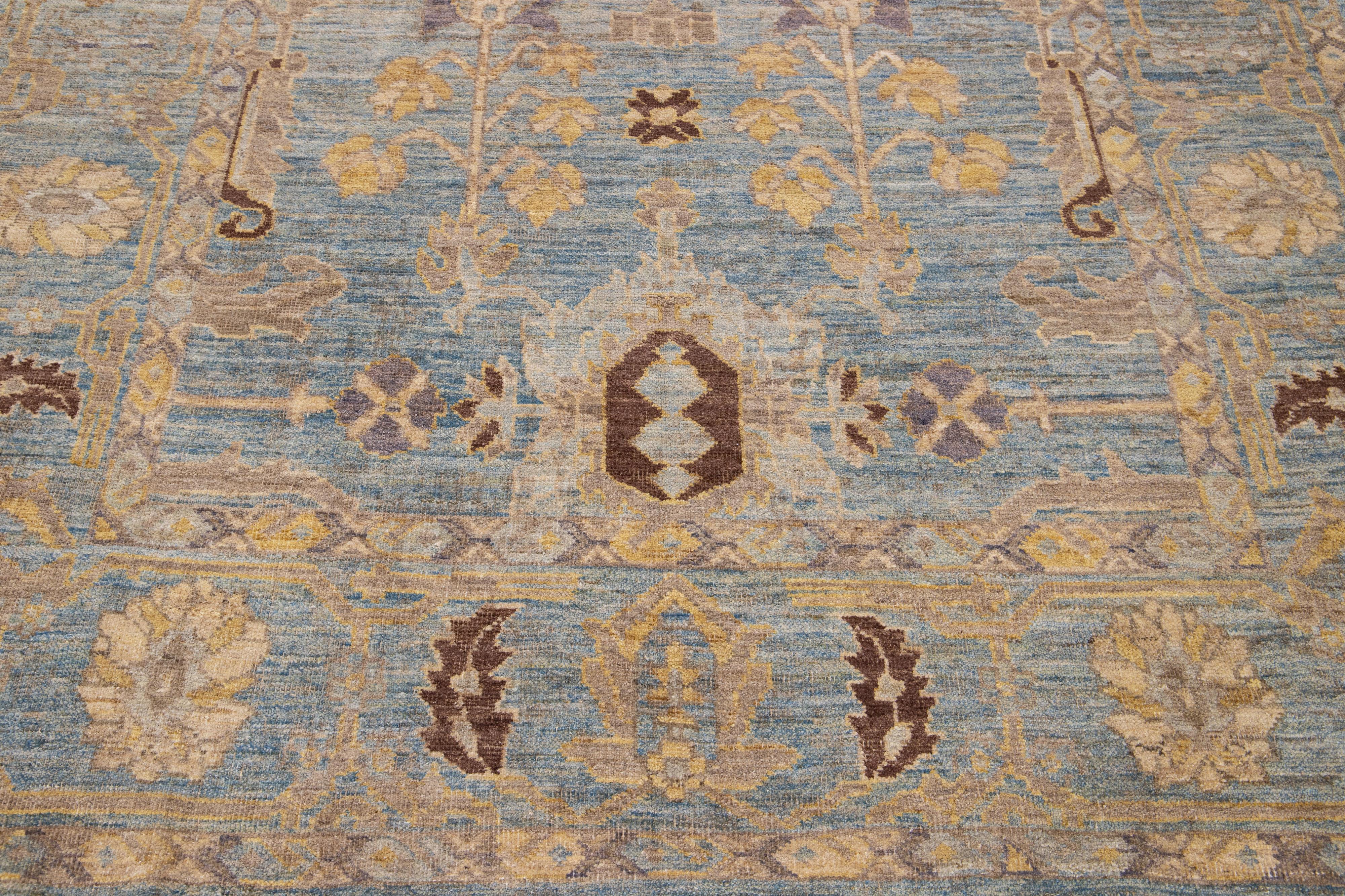 Contemporary Modern Square Sultanabad Wool Rug Handmade Floral in Blue For Sale