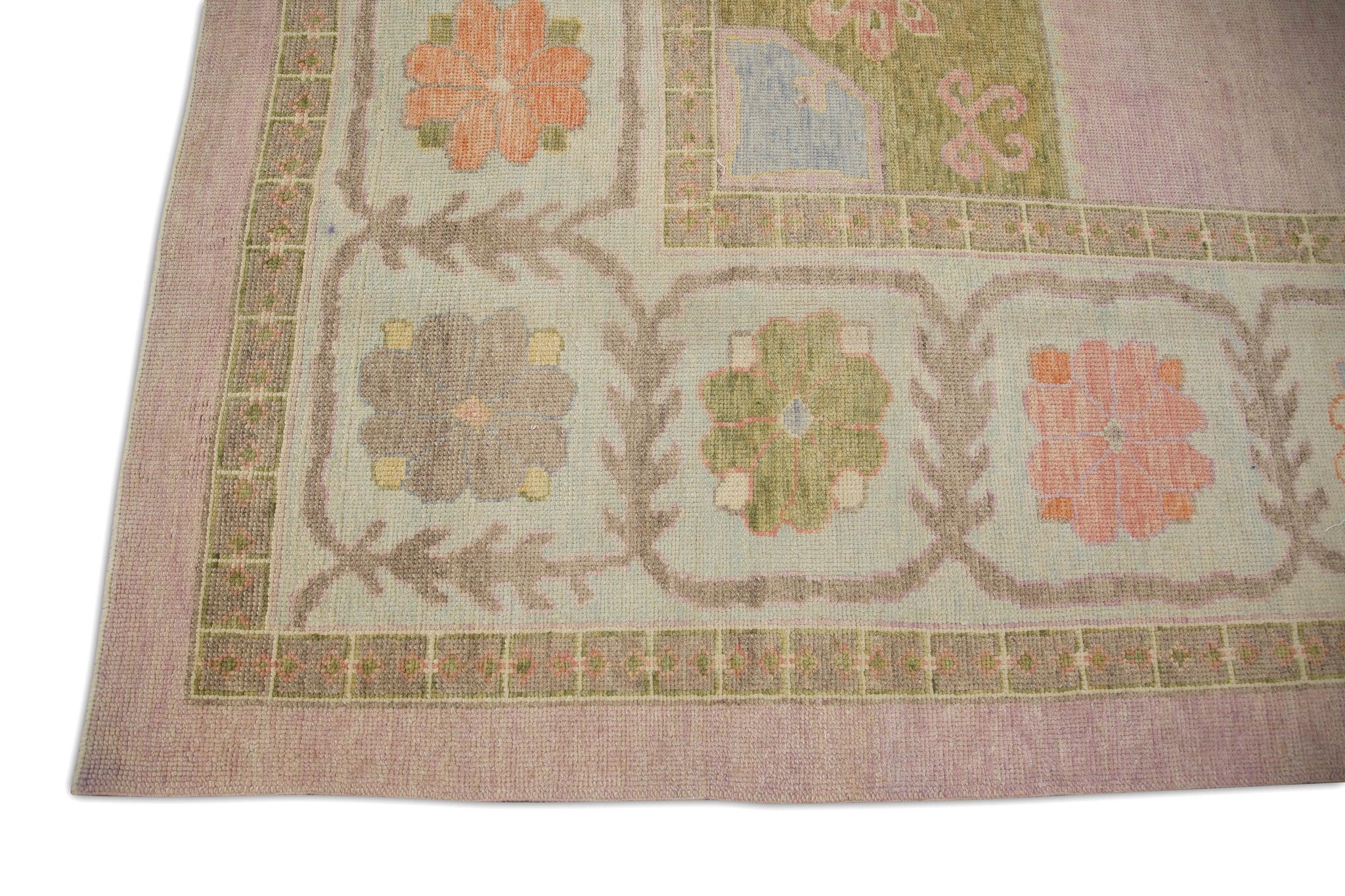 Vegetable Dyed Pink & Green Floral Handwoven Wool Square Turkish Oushak Rug 12'6