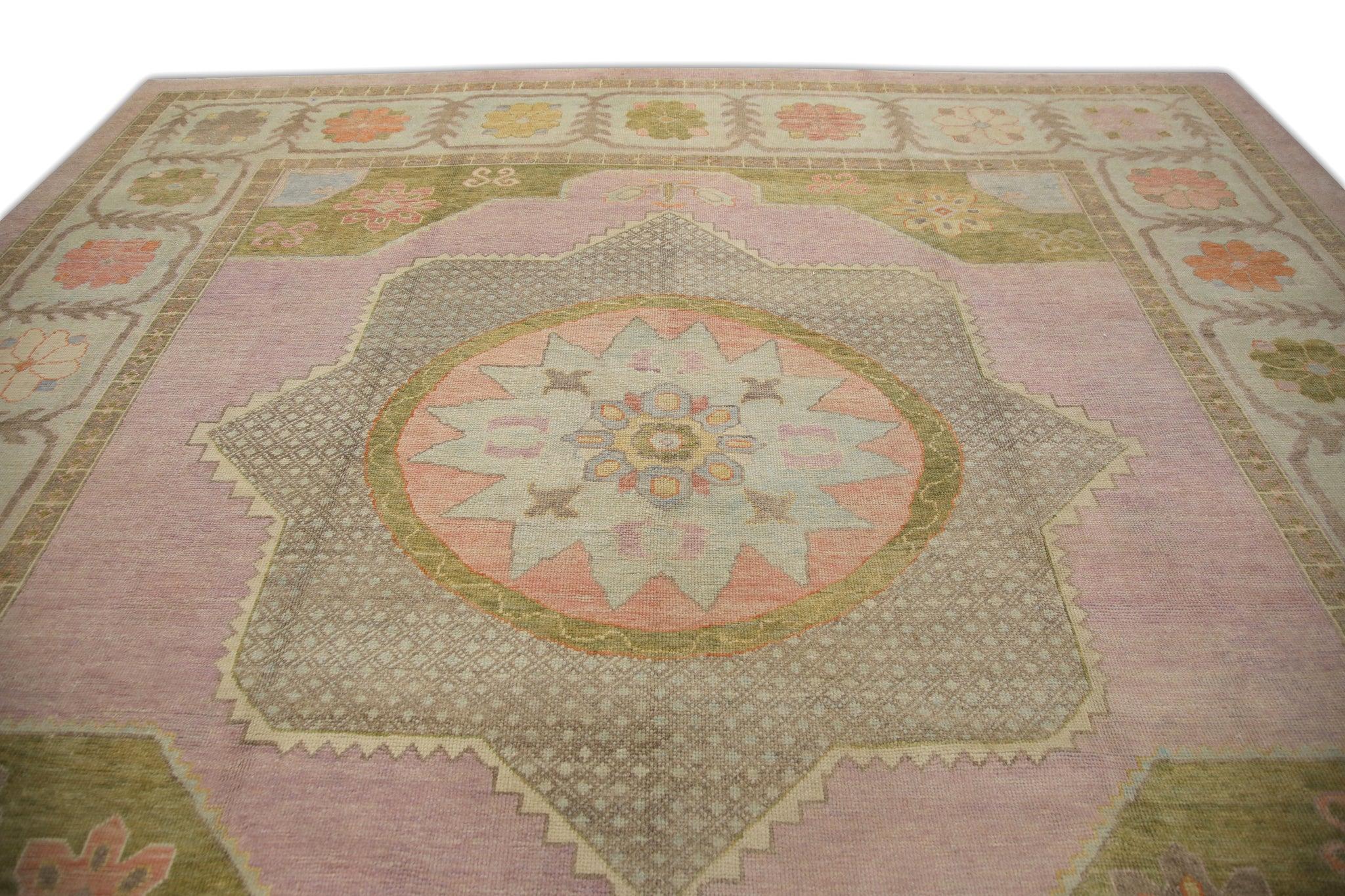 Pink & Green Floral Handwoven Wool Square Turkish Oushak Rug 12'6