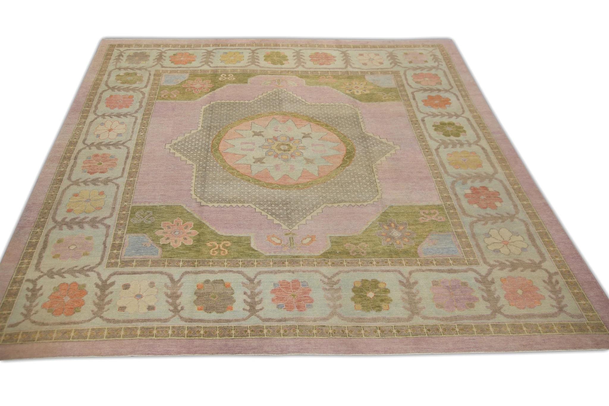 Contemporary Pink & Green Floral Handwoven Wool Square Turkish Oushak Rug 12'6