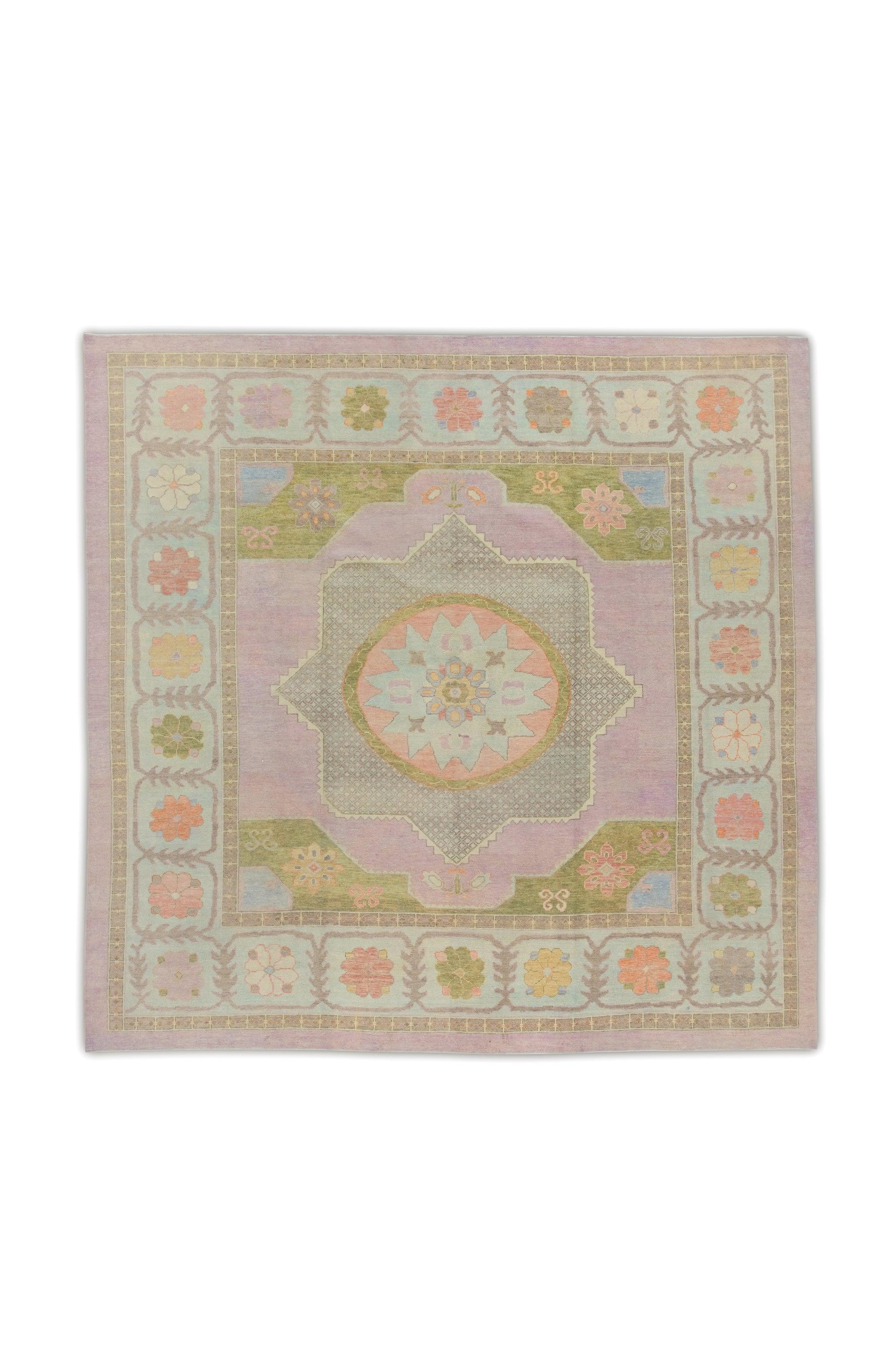 Pink & Green Floral Handwoven Wool Square Turkish Oushak Rug 12'6