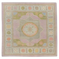 Pink & Green Floral Handwoven Wool Square Turkish Oushak Rug 12'6" X 12'1"