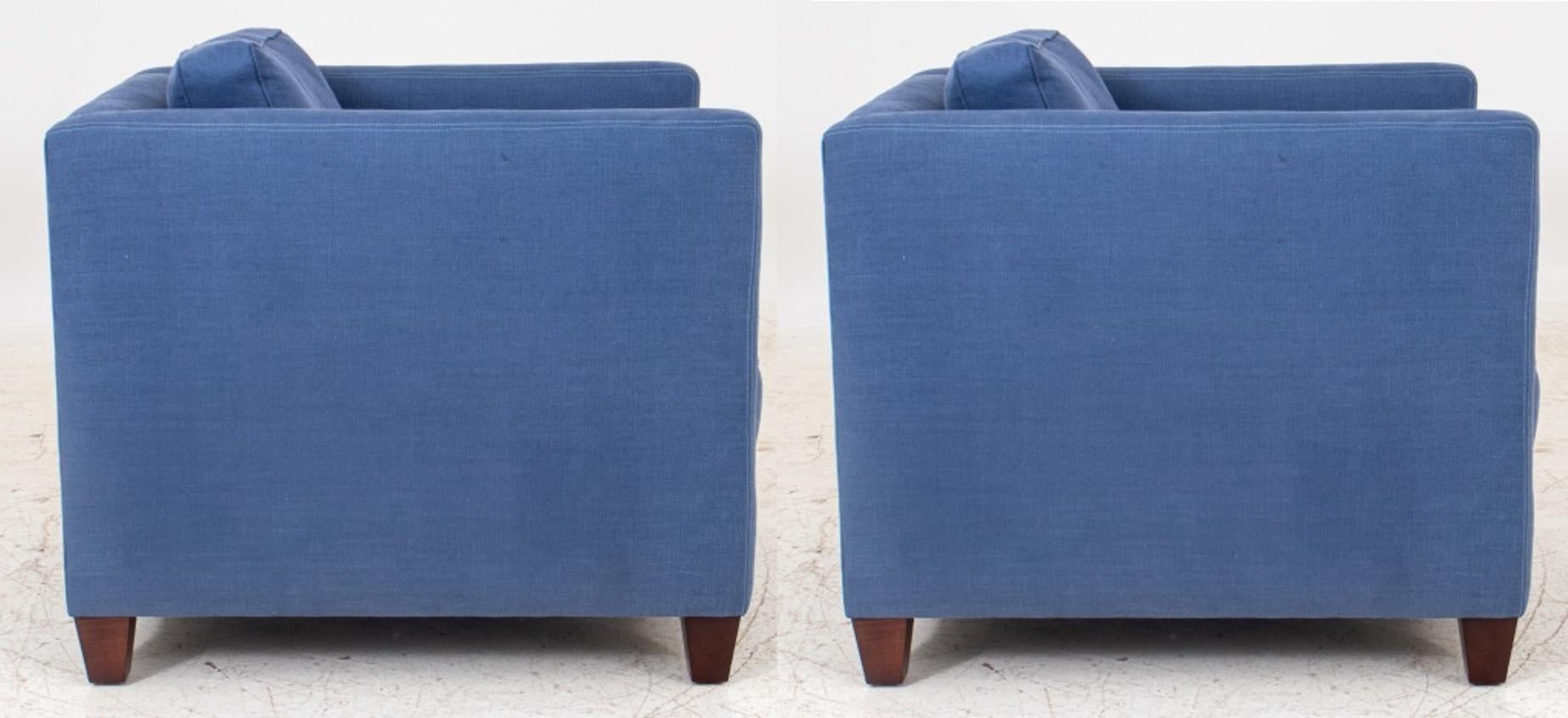 Fabric Modern Square Upholstered Arm Chairs, 2 For Sale